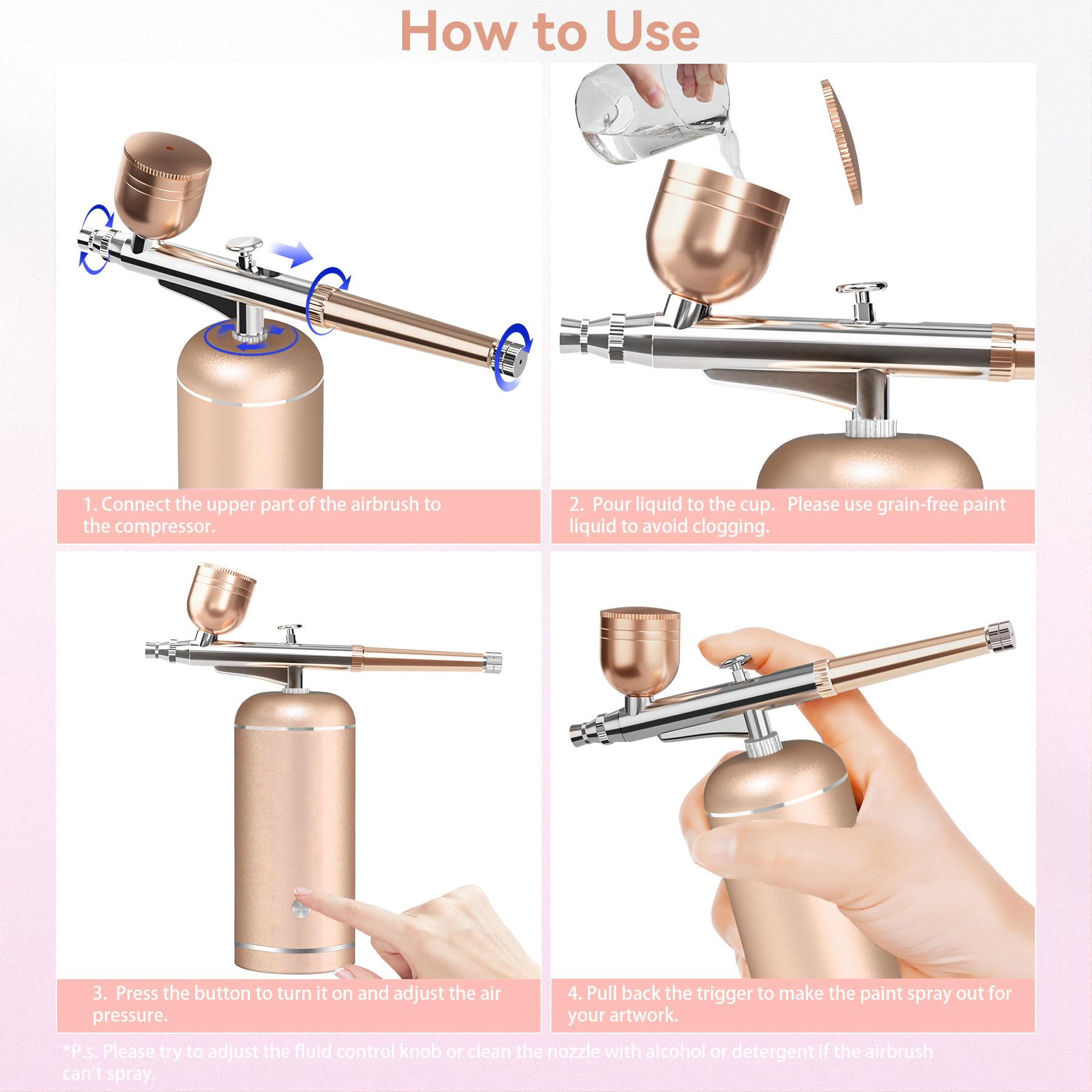LOISVI Airbrush Kit with Compressor – 48 PSI Cordless USB Rechargeable, 0.3mm Nozzle for Nail Art, Makeup & Cake Decorating