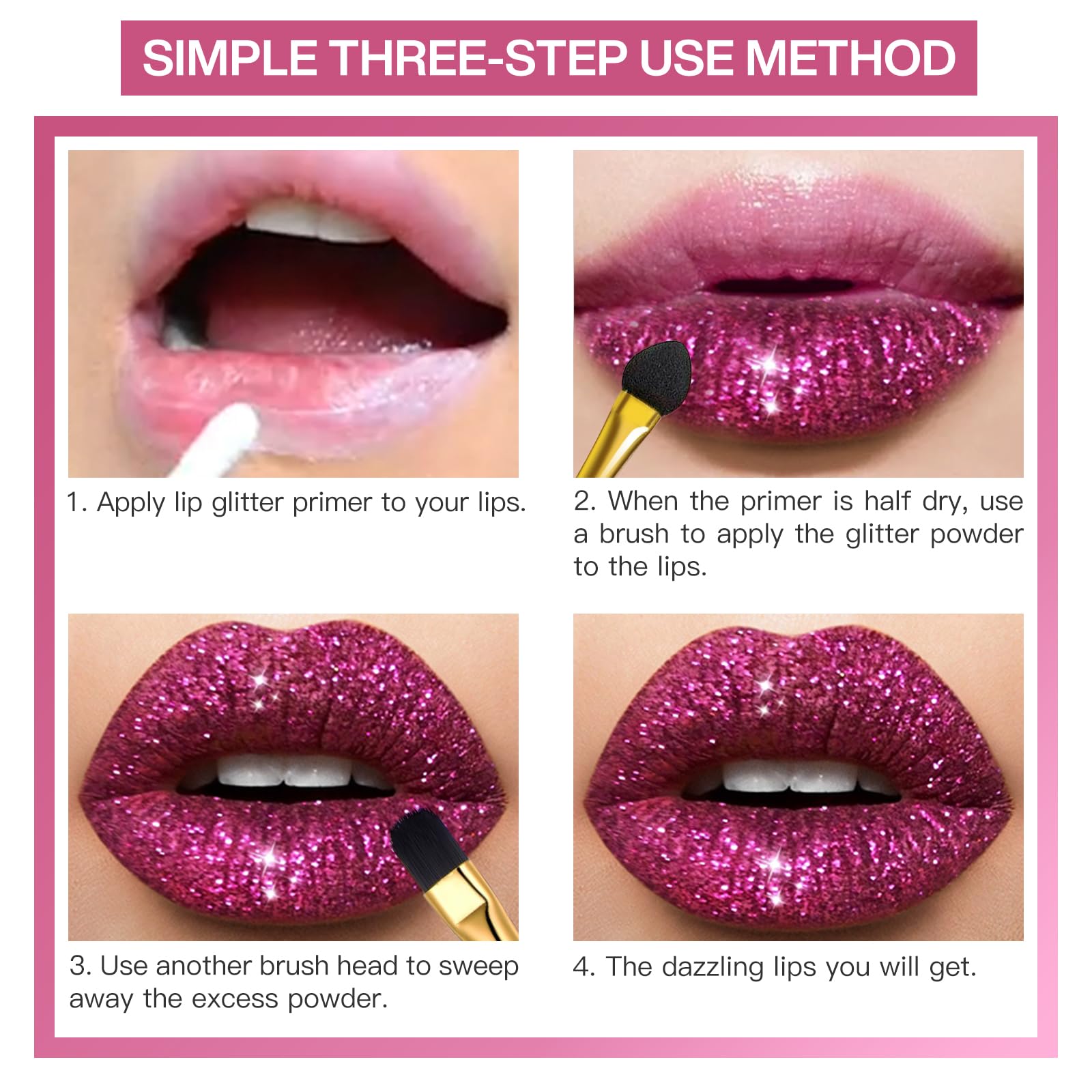 LOKFAR 4 Colors Glitter Lip Kit – Waterproof, Long-Lasting Shimmer Lip Powder & Primer Set (Set A Warm Color)