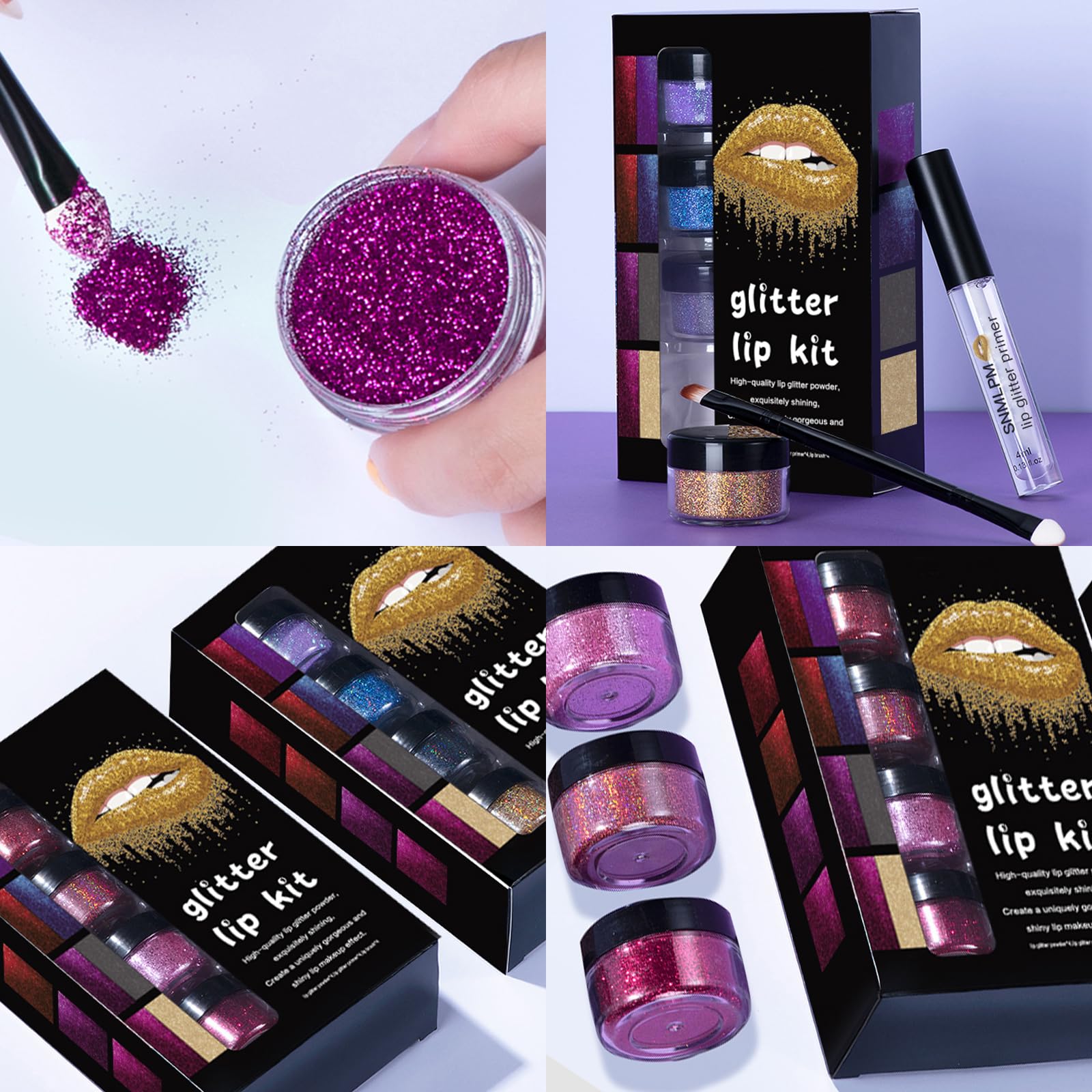 LOKFAR 4 Colors Glitter Lip Kit – Waterproof, Long-Lasting Shimmer Lip Powder & Primer Set (Set A Warm Color)
