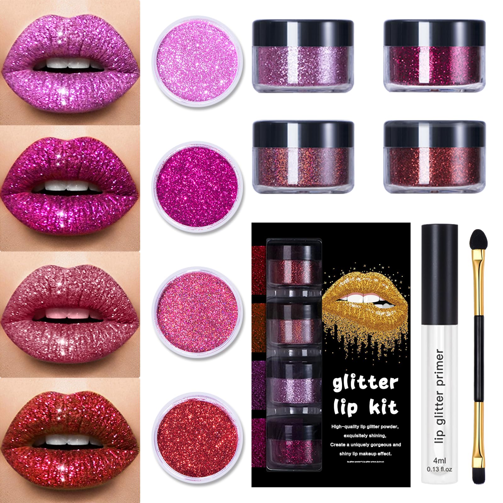 LOKFAR 4 Colors Glitter Lip Kit – Waterproof, Long-Lasting Shimmer Lip Powder & Primer Set (Set A Warm Color)