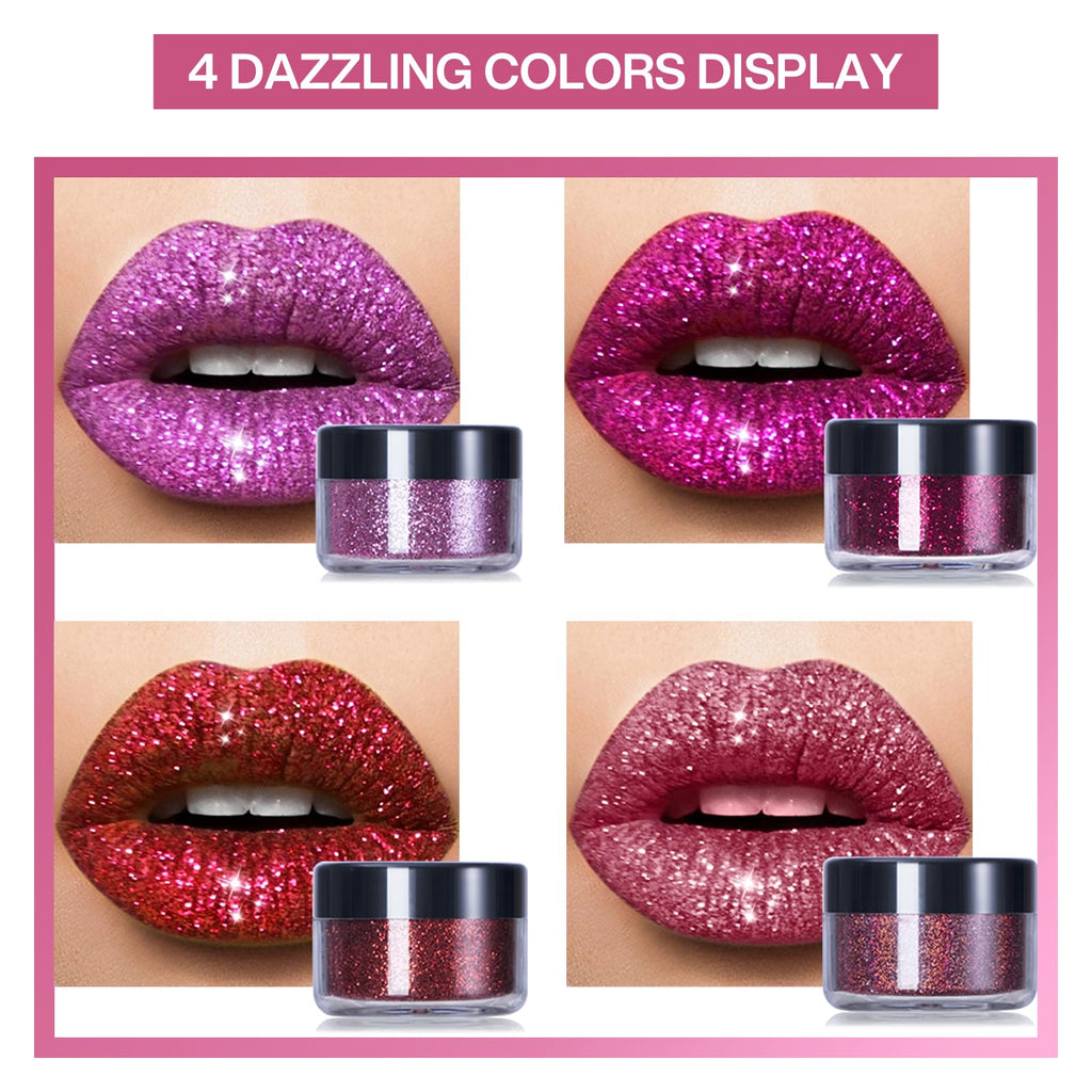 LOKFAR 4 Colors Glitter Lip Kit – Waterproof, Long-Lasting Shimmer Lip Powder & Primer Set (Set A Warm Color)
