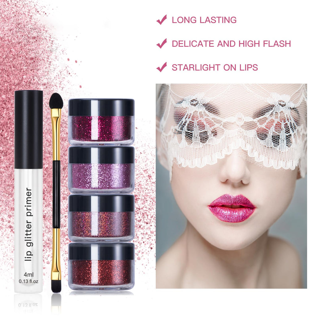 LOKFAR 4 Colors Glitter Lip Kit – Waterproof, Long-Lasting Shimmer Lip Powder & Primer Set (Set A Warm Color)