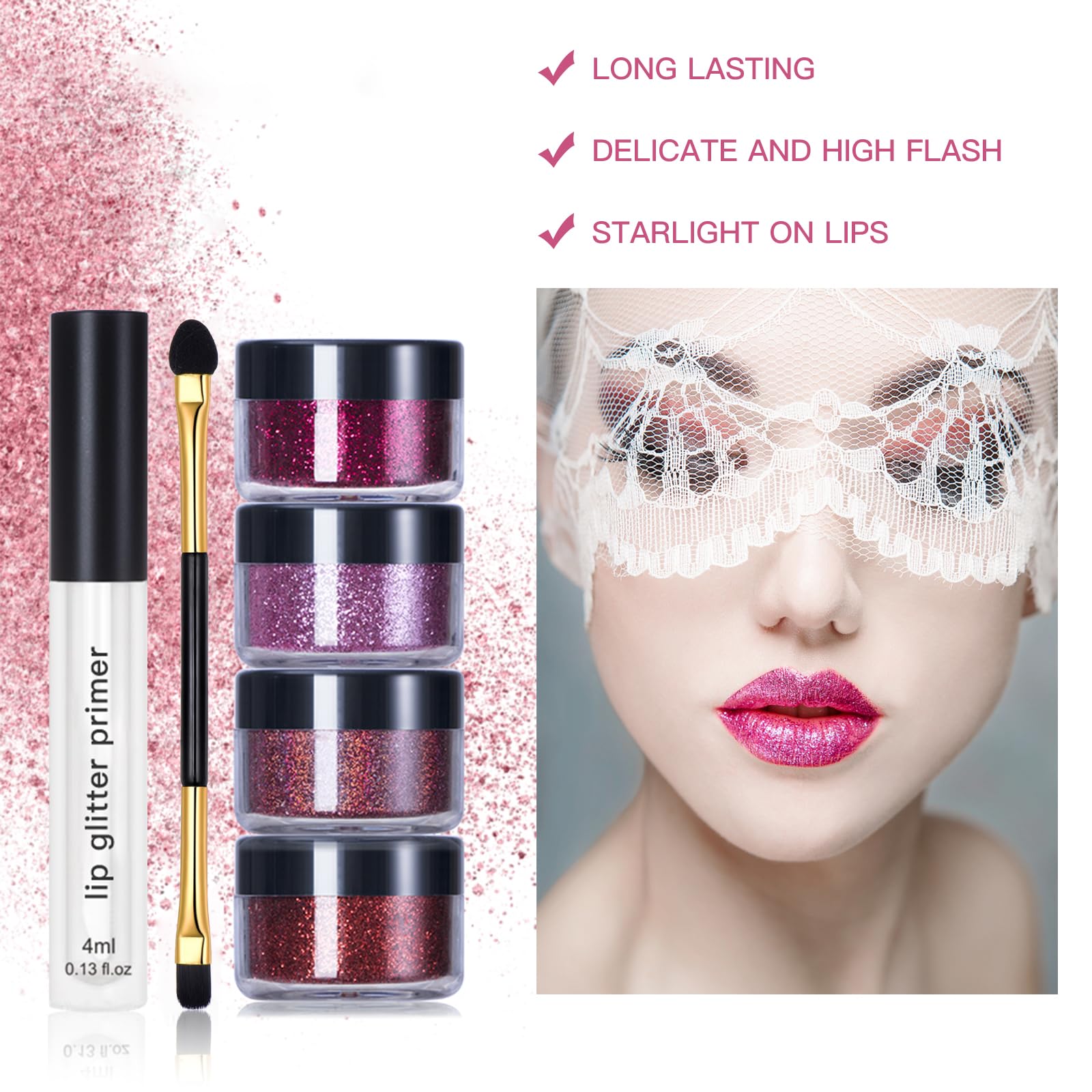 LOKFAR 4 Colors Glitter Lip Kit – Waterproof, Long-Lasting Shimmer Lip Powder & Primer Set (Set A Warm Color)