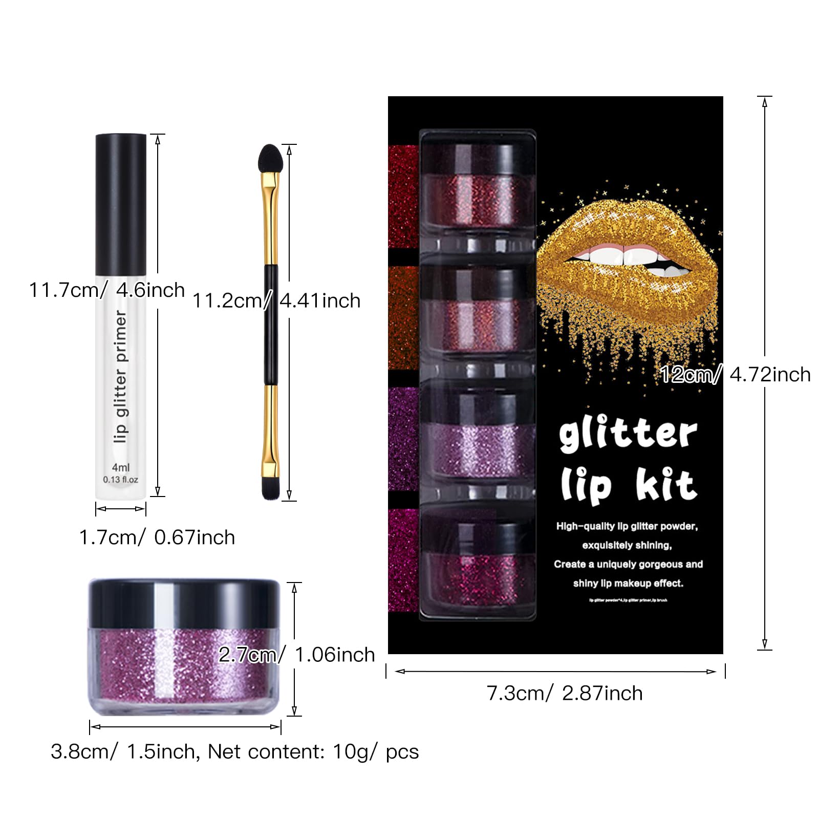 LOKFAR 4 Colors Glitter Lip Kit – Waterproof, Long-Lasting Shimmer Lip Powder & Primer Set (Set A Warm Color)