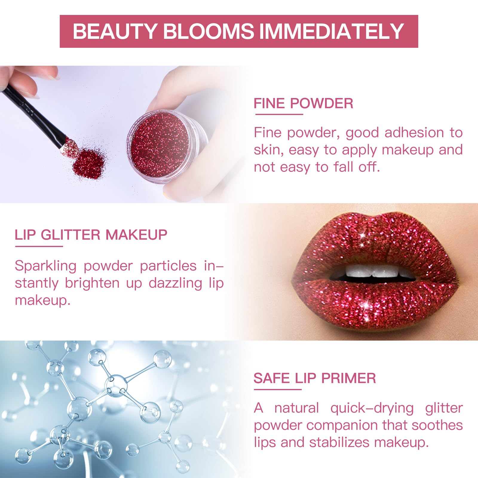 LOKFAR 4 Colors Glitter Lip Kit – Waterproof, Long-Lasting Shimmer Lip Powder & Primer Set (Set A Warm Color)