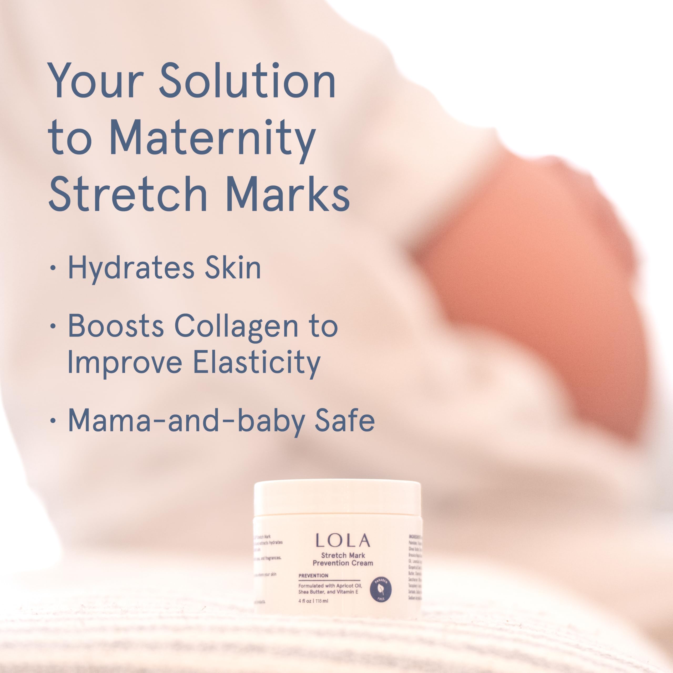 LOLA Stretch Mark Prevention Cream with Hydrating Body Oil | Skin Elasticity & Hypoallergenic Maternity Care - Cocoa Butter & Collagen Support - 4 Fl Oz