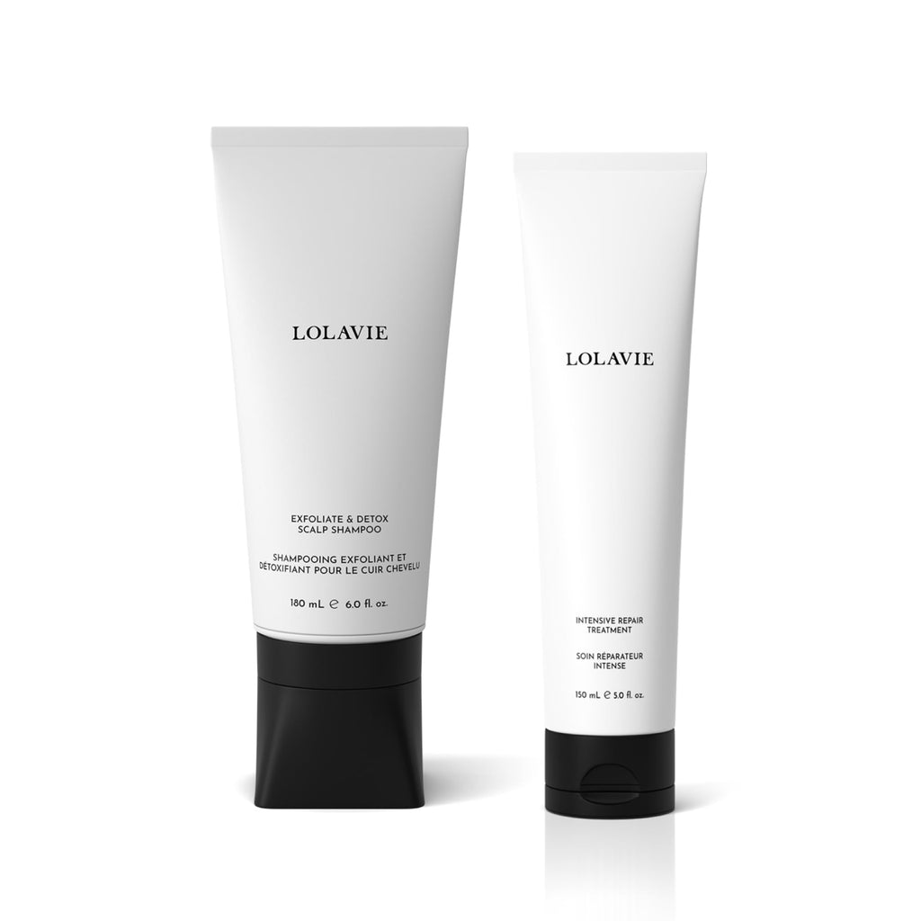 LolaVie Jen's Sunday Reset Duo: Exfoliate & Detox Scalp Shampoo + Intensive Repair Treatment