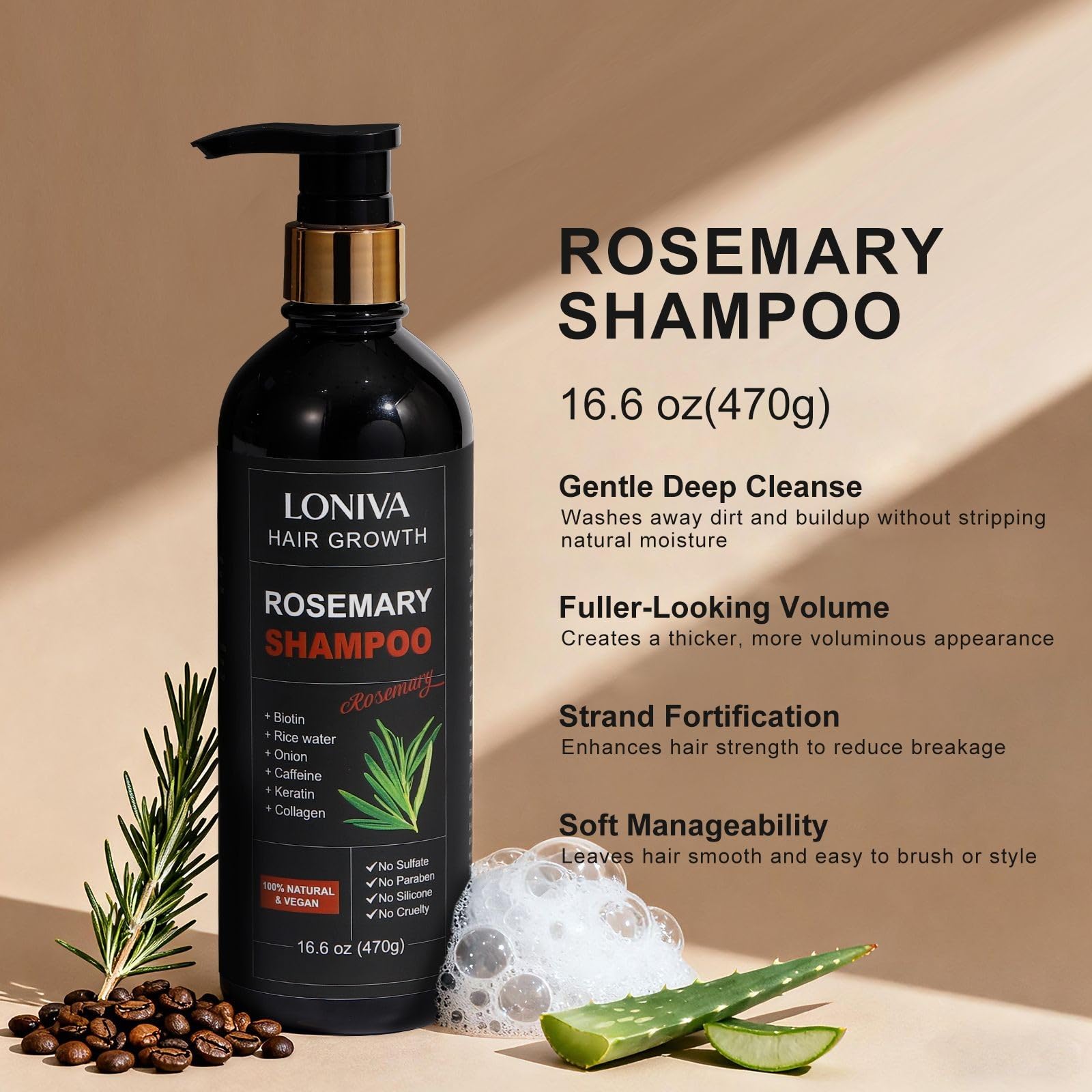 LONIVA Rosemary Hair Growth Shampoo – All-Natural Vegan Formula (16.6 oz)