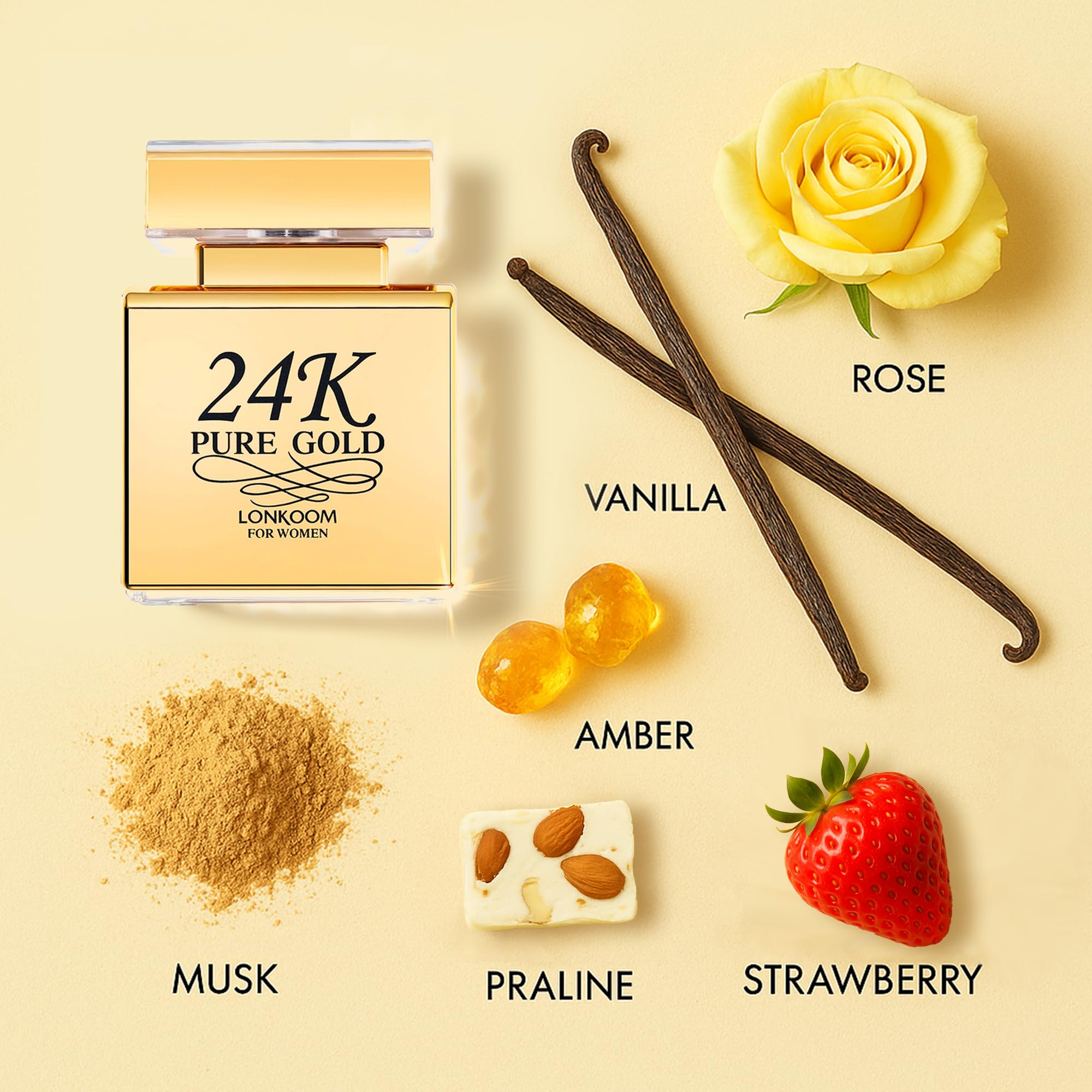 Lonkoom 24K Pure Gold Perfume for Women – Long-Lasting Praline Vanilla EDP, 3.4 fl oz