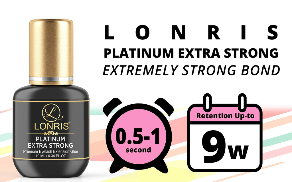 LONRIS Platinum Extra Strong Lash Glue – 8-9 Weeks Retention, 0.5-1s Dry, Black Adhesive 10ml | Professional Lash Extensions