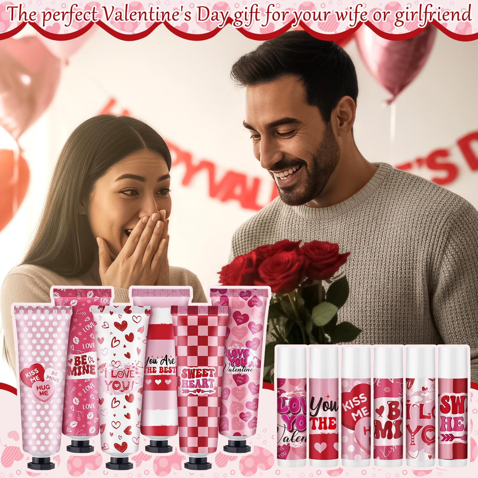 Loopeer 12-Set Valentine Hand Cream & Lip Balm Gifts | Bulk Galentine's Day & Valentine Party Favors