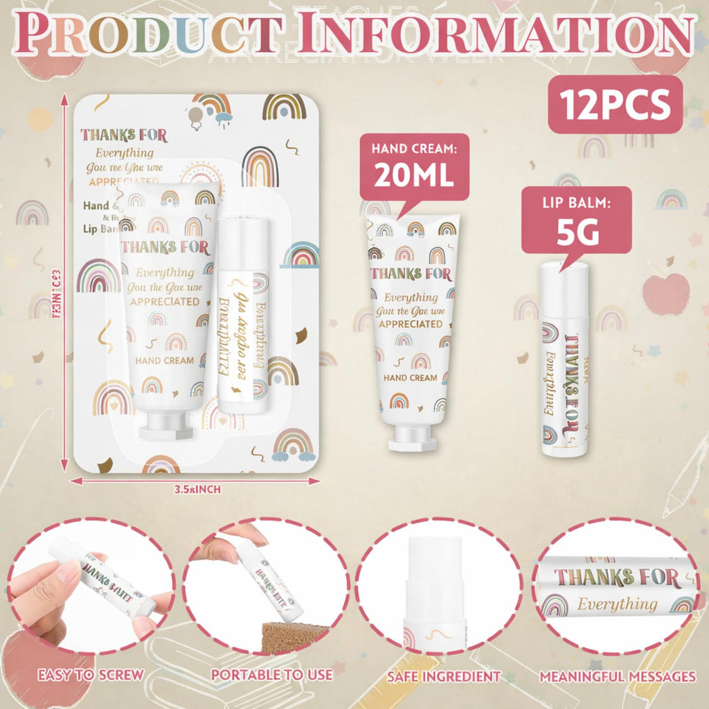Loopeer 12-Set Boho Rainbow Lip Balm & Hand Cream Gift – Bulk Teacher & Employee Appreciation
