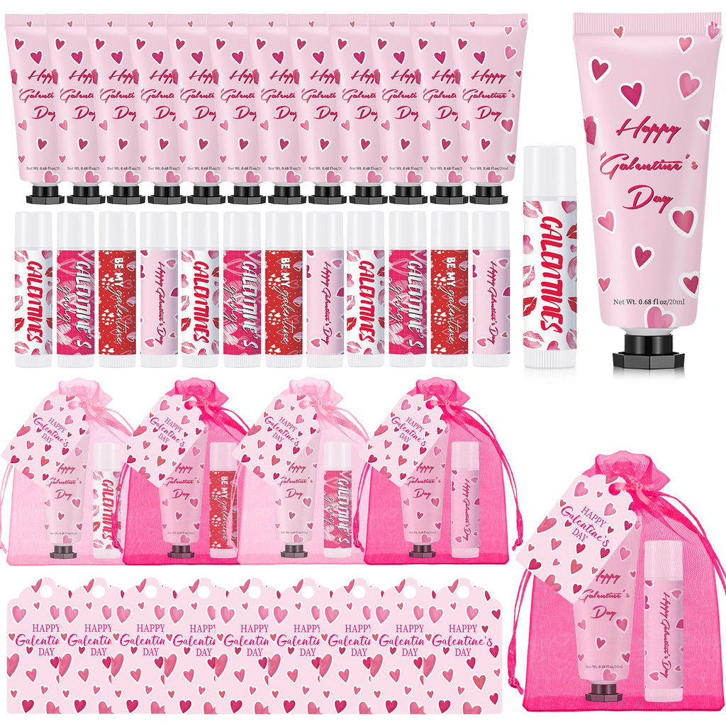 Loopeer 12-Piece Galentine's Day Hand Cream & Lip Balm Gift Set | Bulk Gifts with Cards & Organza Bags