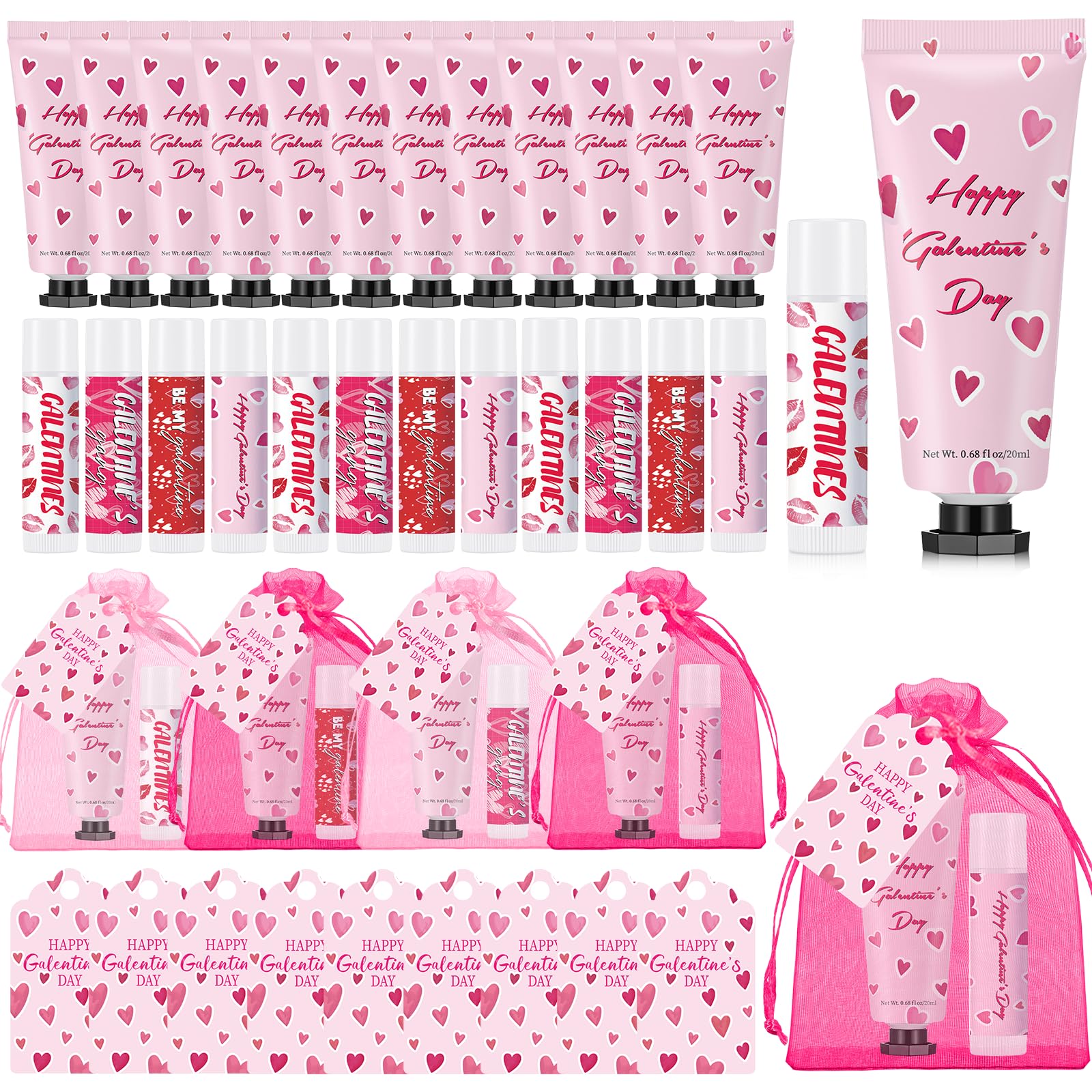 Loopeer 12-Piece Galentine's Day Hand Cream & Lip Balm Gift Set | Bulk Gifts with Cards & Organza Bags