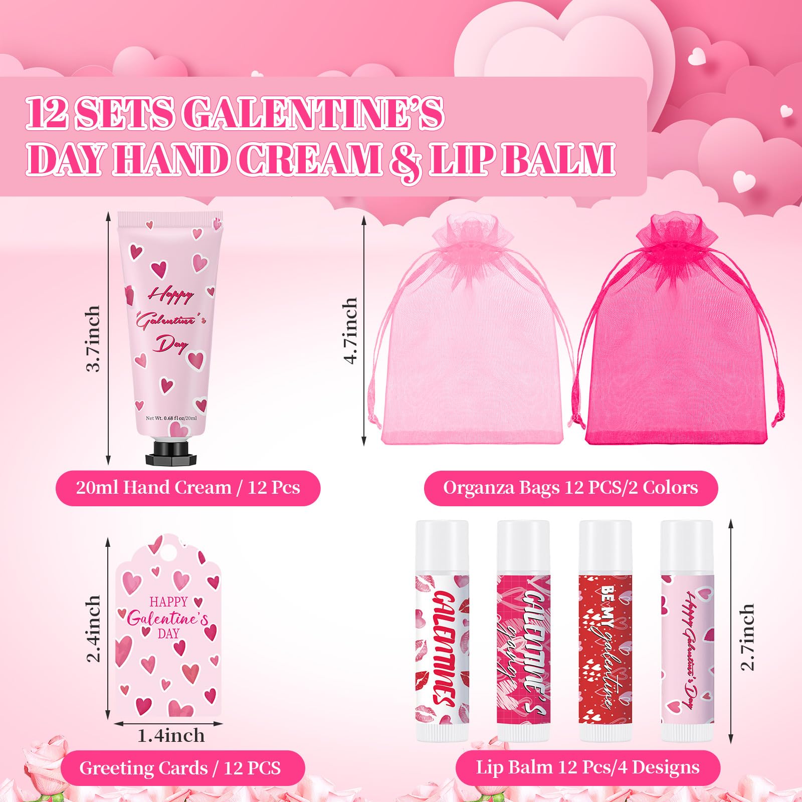Loopeer 12-Piece Galentine's Day Hand Cream & Lip Balm Gift Set | Bulk Gifts with Cards & Organza Bags