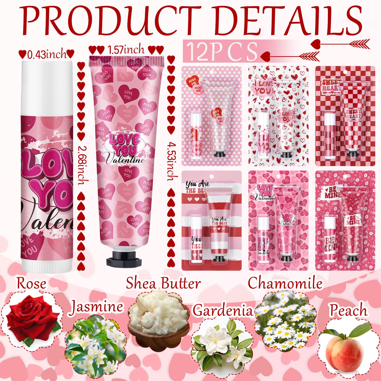 Loopeer 12-Set Valentine Hand Cream & Lip Balm Gifts | Bulk Galentine's Day & Valentine Party Favors