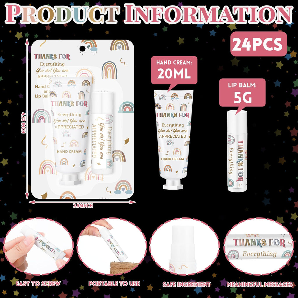 Loopeer 24-Set Bulk Gift: Boho Rainbow Lip Balm & Hand Cream for Coworkers & Galentine's Day