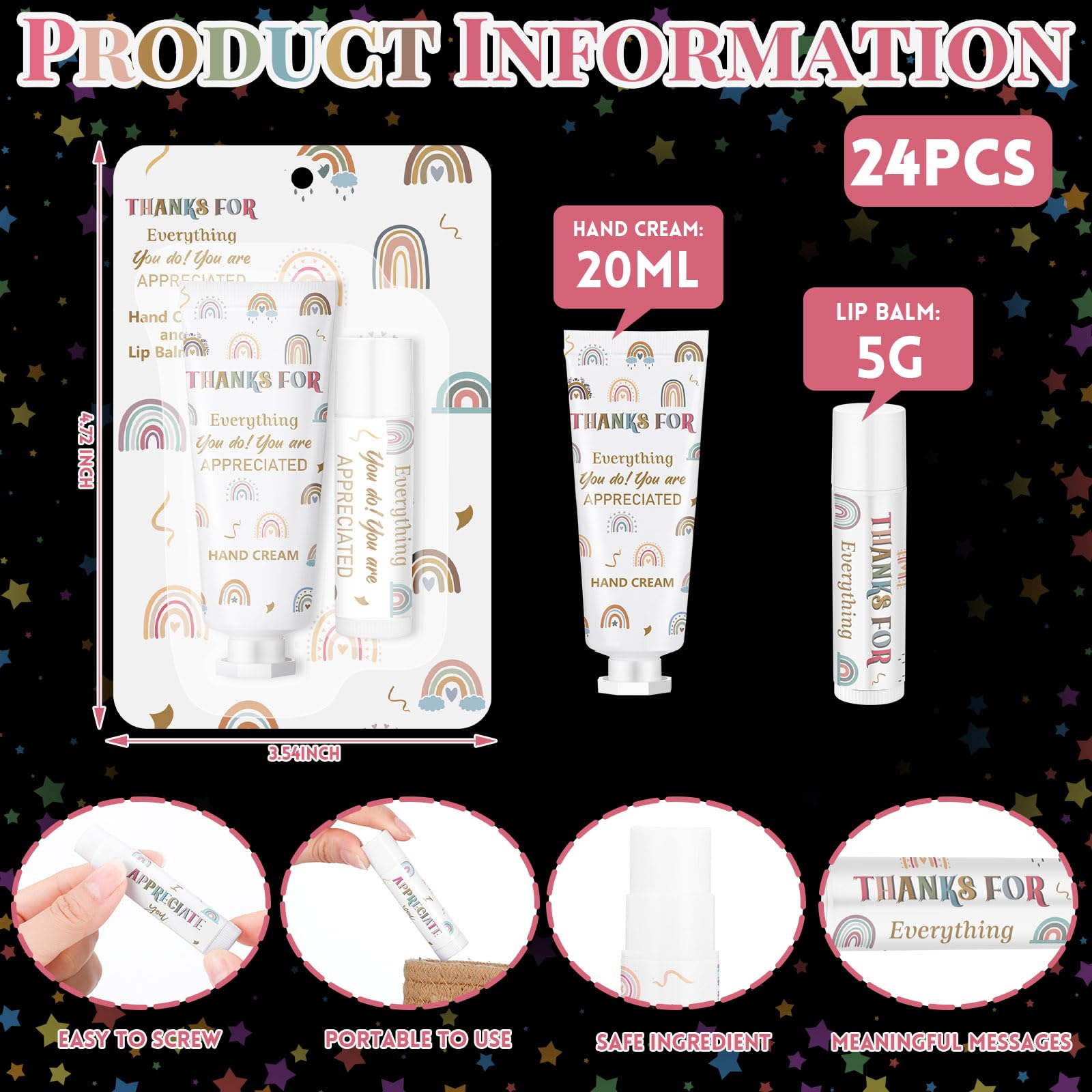 Loopeer 24-Set Bulk Gift: Boho Rainbow Lip Balm & Hand Cream for Coworkers & Galentine's Day
