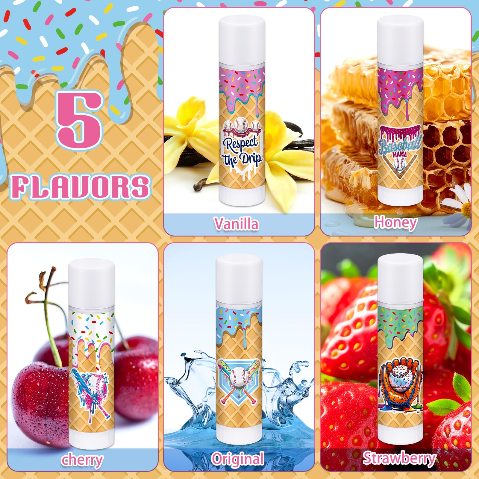 Loopeer 30-Piece Valentine Ice Cream Drip Baseball Lip Balms – Team Gifts & Party Favors