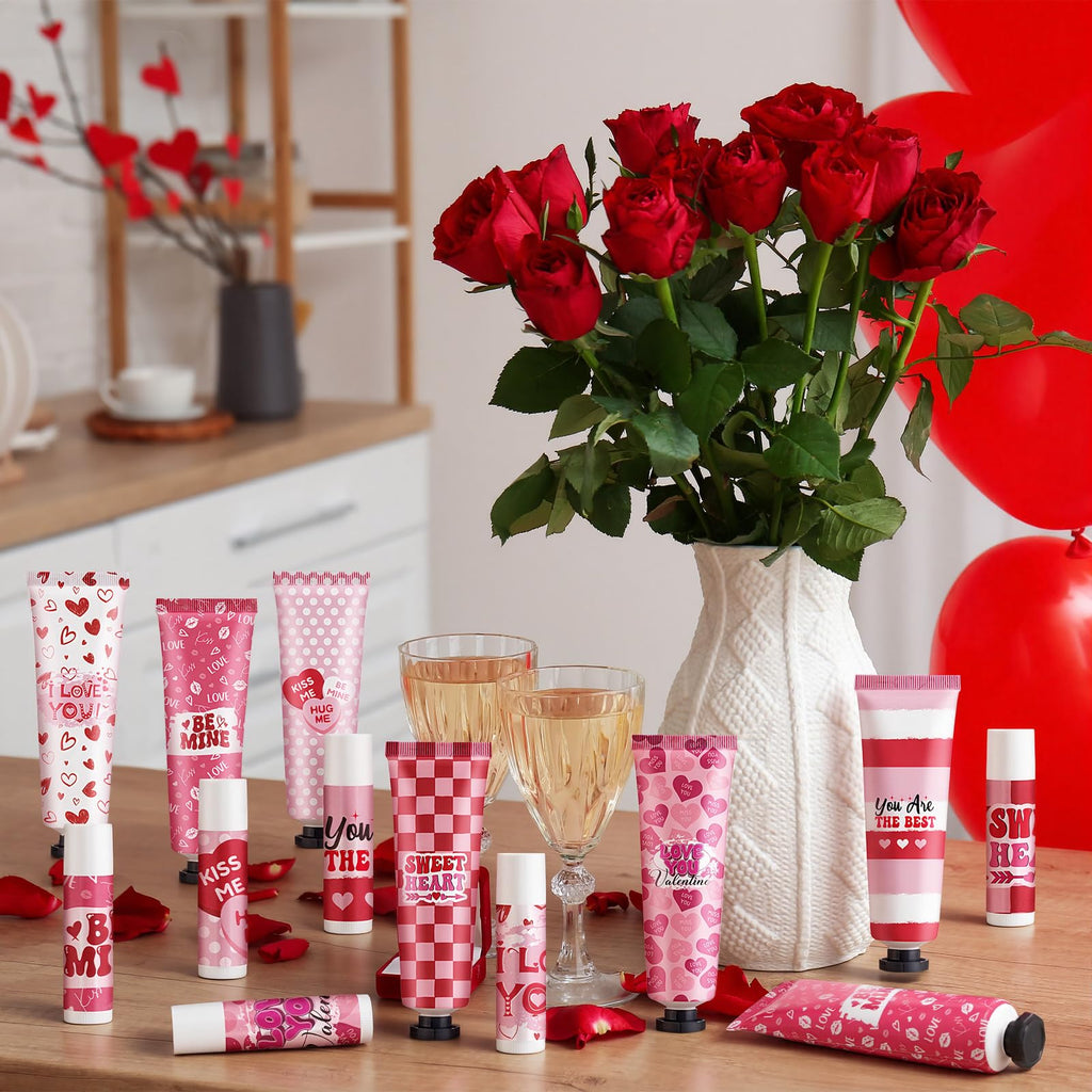 Loopeer 24 Sets Valentine Hand Cream & Lip Balm Gifts Bulk – Galentine's Day Party Favors
