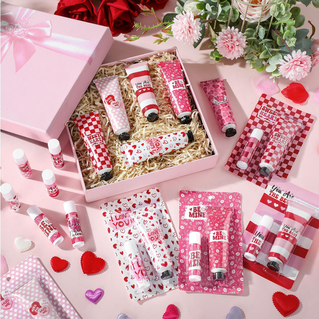 Loopeer 24 Sets Valentine Hand Cream & Lip Balm Gifts Bulk – Galentine's Day Party Favors