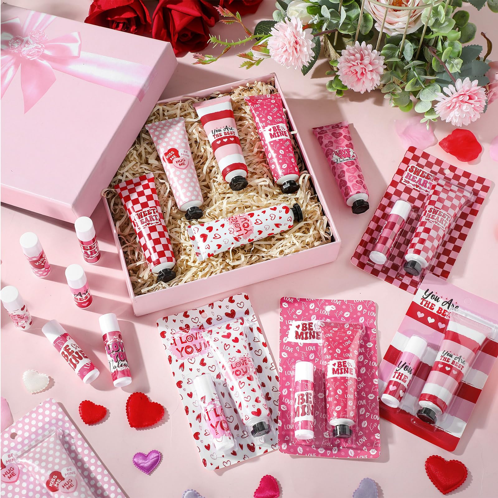 Loopeer 24 Sets Valentine Hand Cream & Lip Balm Gifts Bulk – Galentine's Day Party Favors