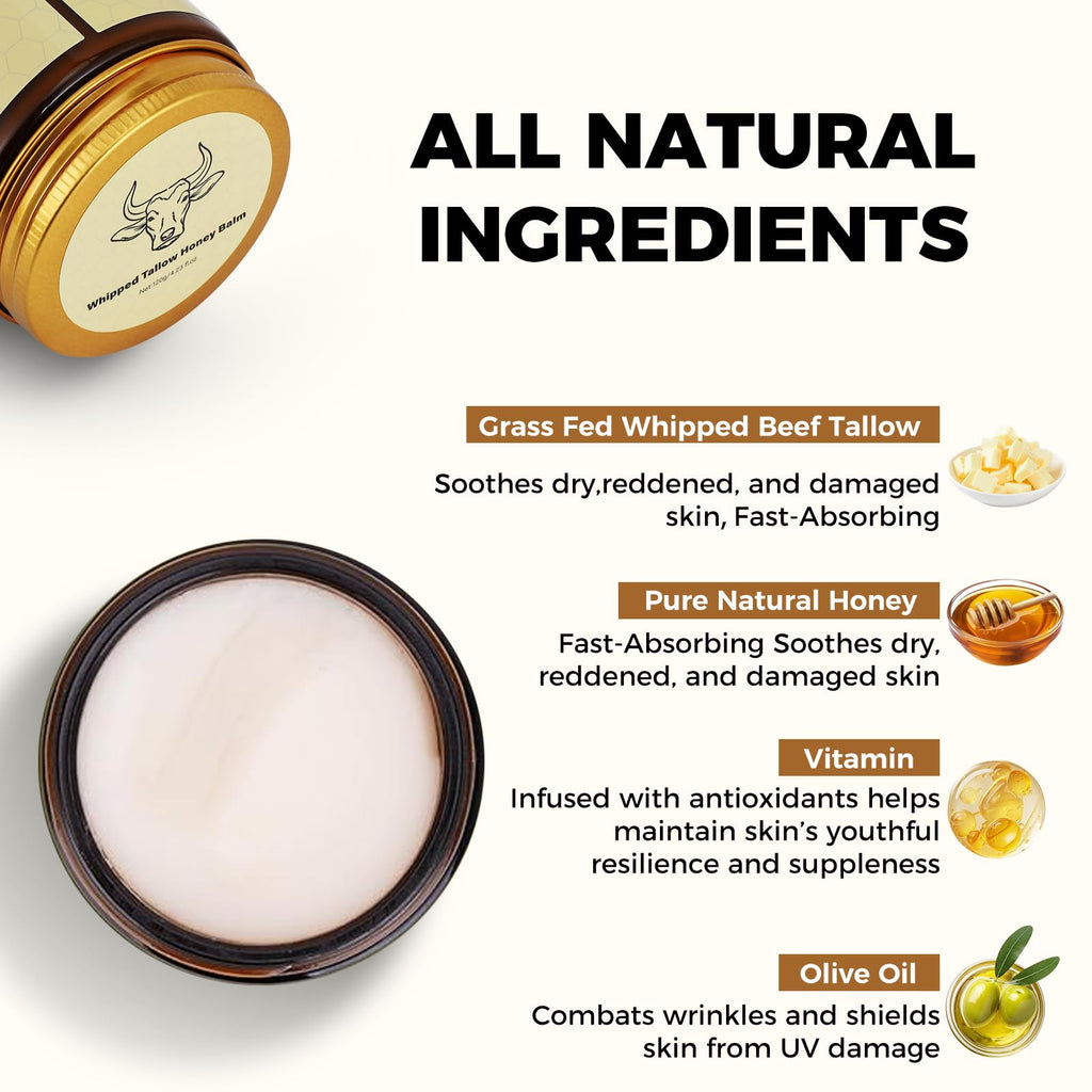 Lopeie Beef Tallow for Skin – Organic Grass-Fed Whipped Moisturizer with Honey Balm (Unscented)