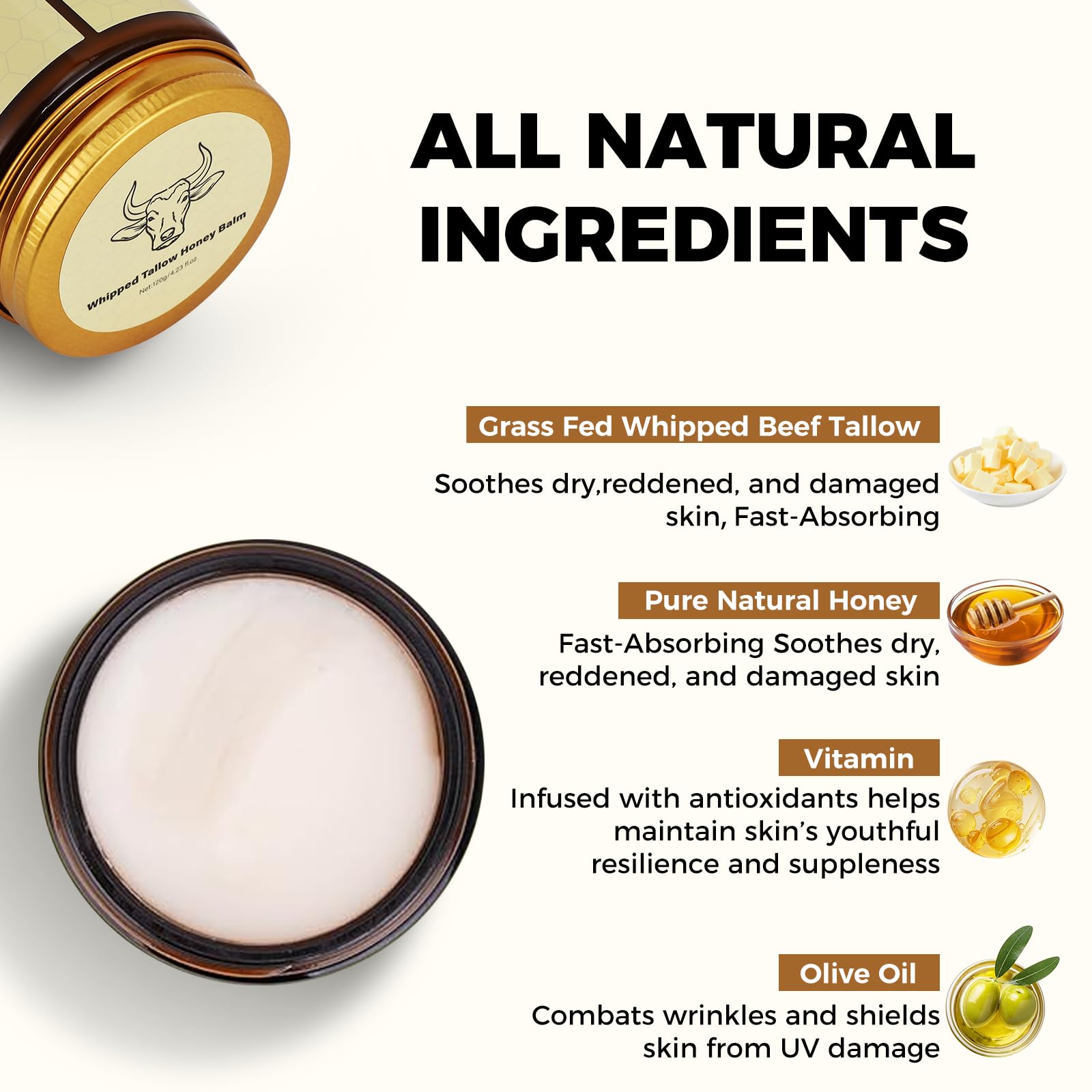 Lopeie Beef Tallow for Skin – Organic Grass-Fed Whipped Moisturizer with Honey Balm (Unscented)