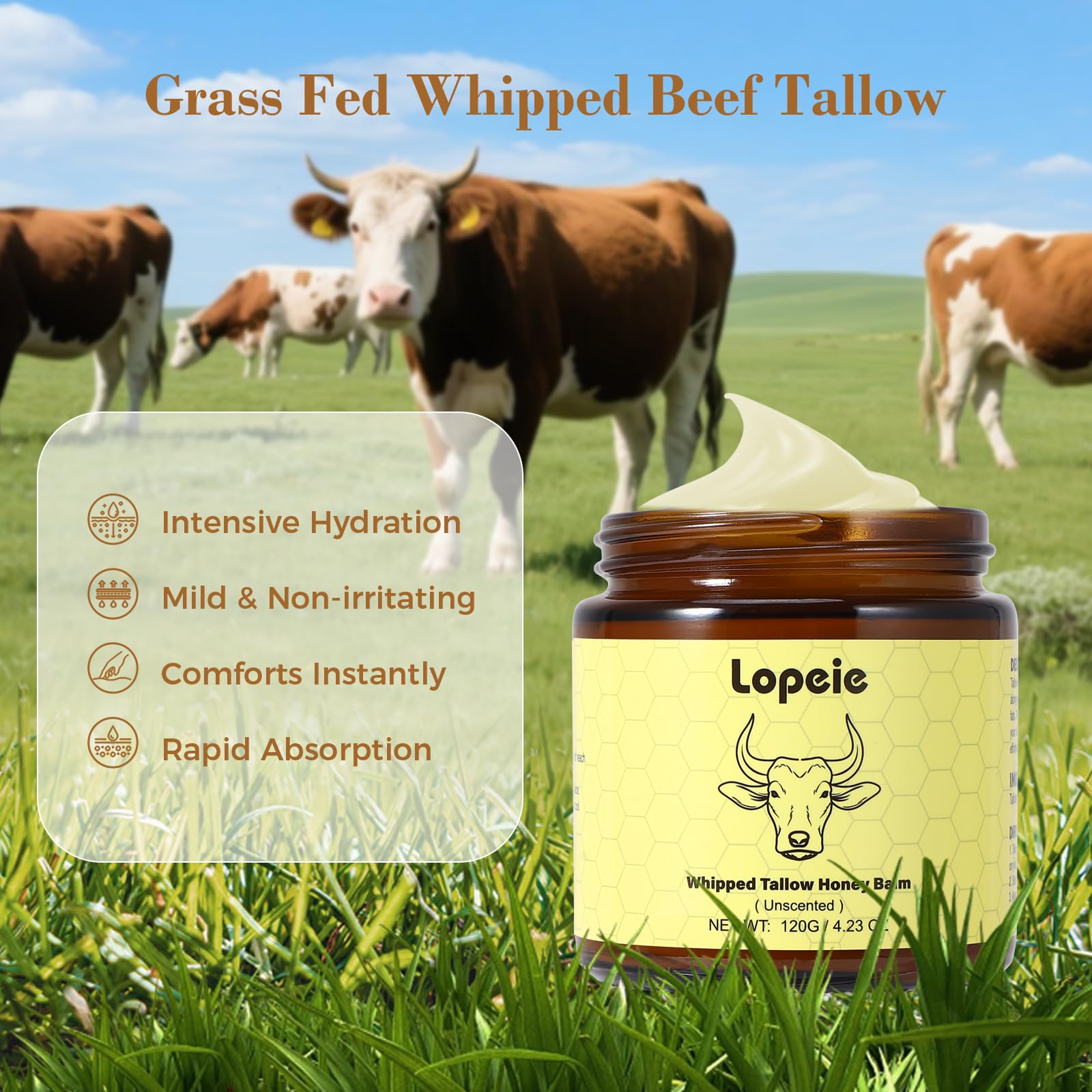 Lopeie Beef Tallow for Skin – Organic Grass-Fed Whipped Moisturizer with Honey Balm (Unscented)