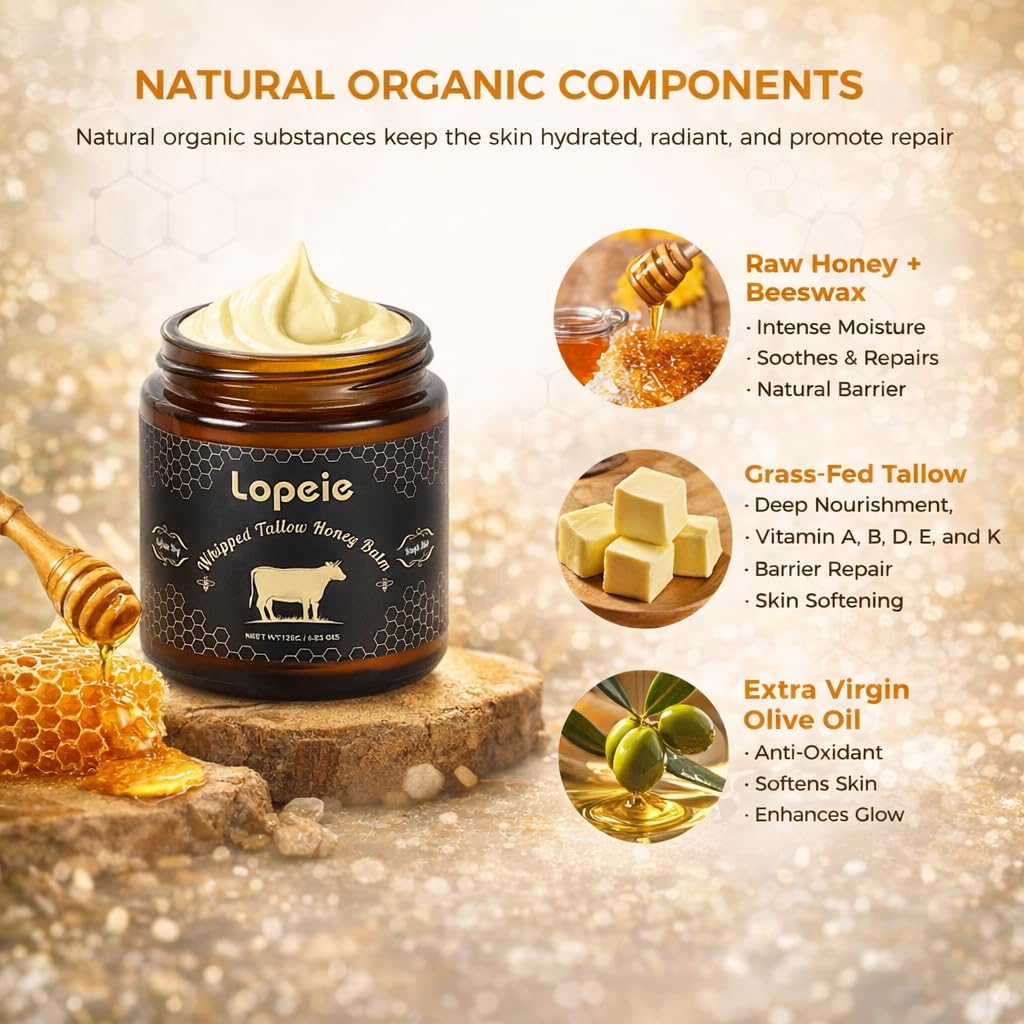 Lopeie Upgraded Organic Tallow Balm | Grass-Fed Tallow, Raw Honey, Unscented