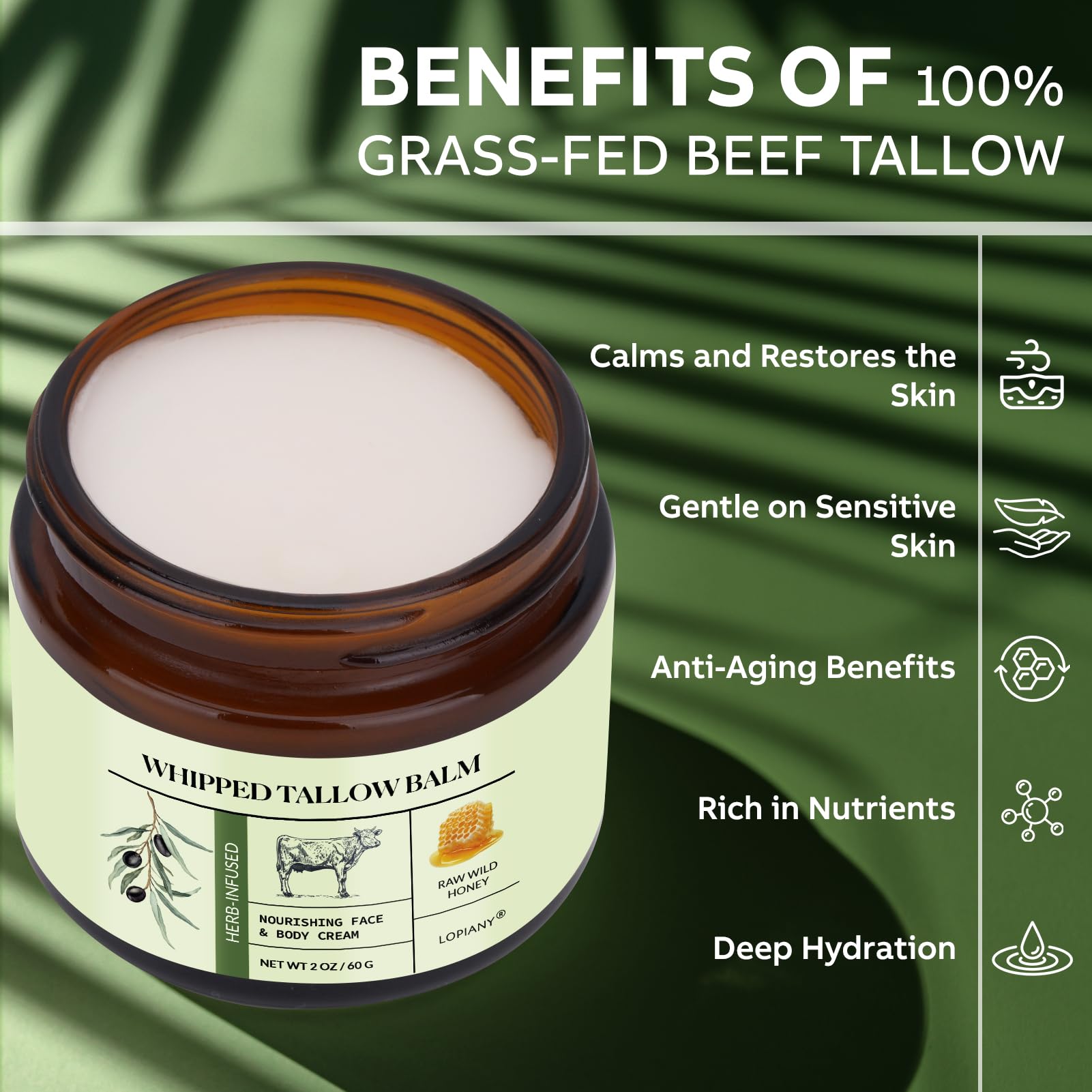 LOPIANY Whipped Beef Tallow for Skin – Grass-Fed Tallow & Honey Balm for Face & Body