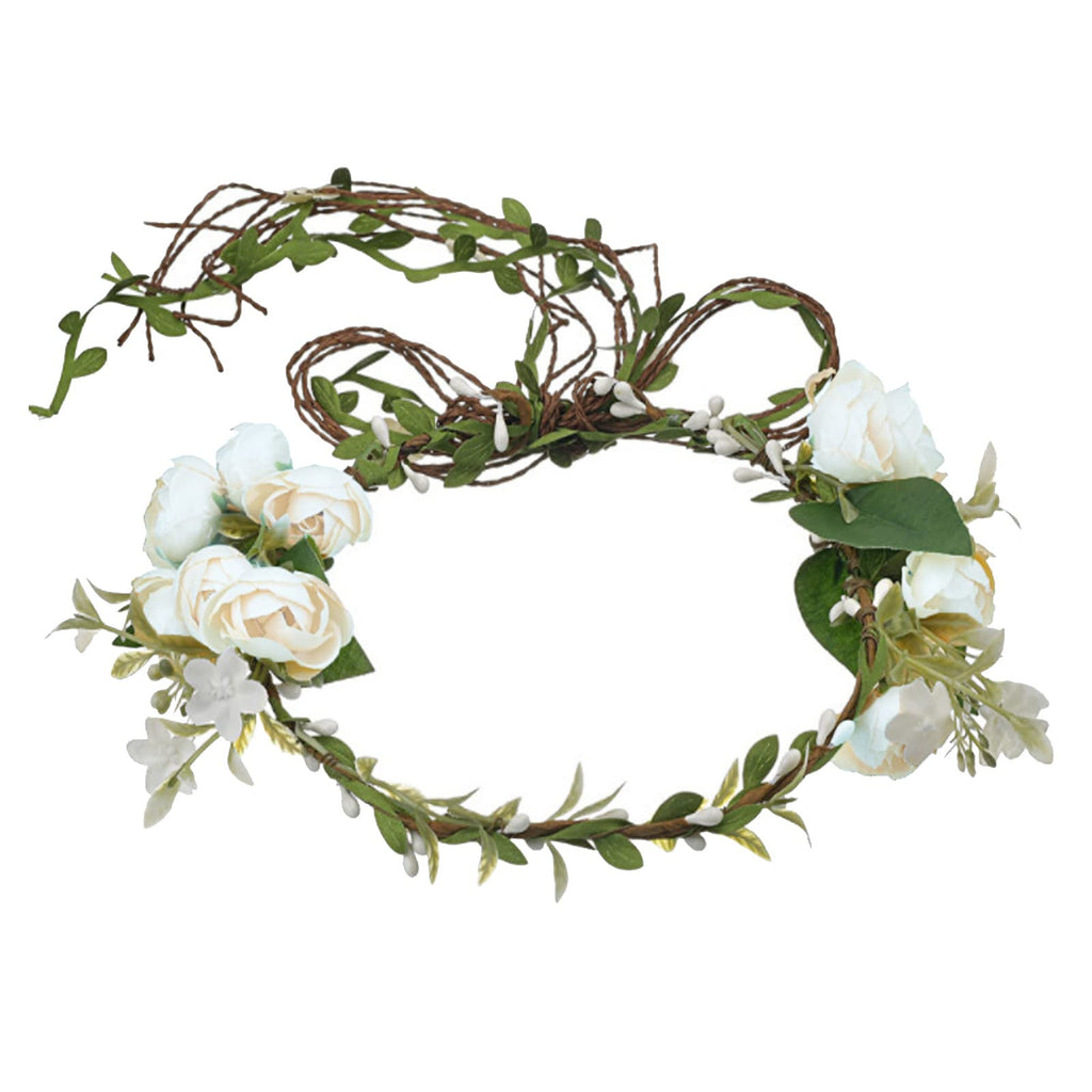 Lopsity Rose Floral Crown Headband – Adjustable White Wedding Hair Wreath