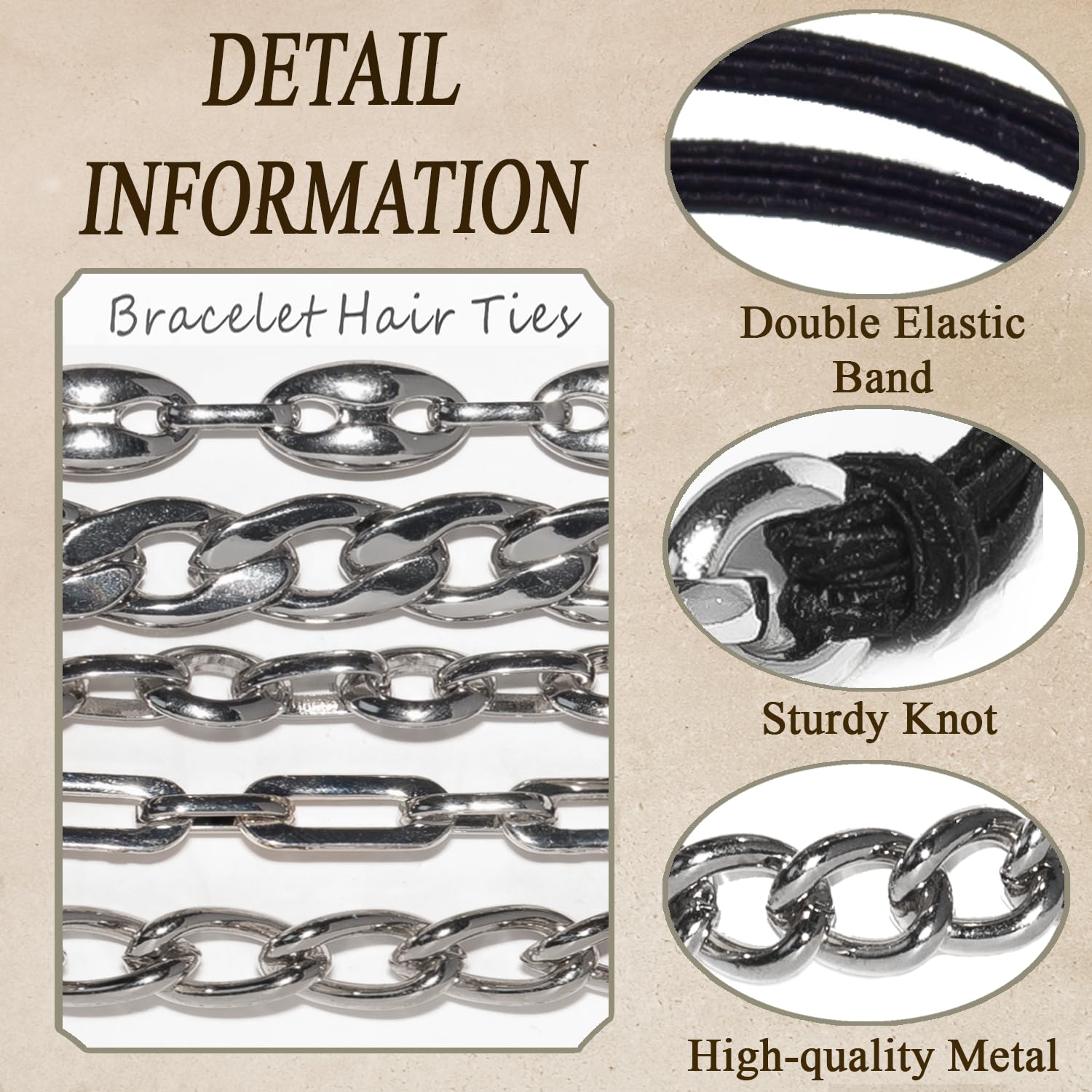 Loqpol Gold Bracelet Hair Ties – 5PCS 2-in-1 Elastic Scrunchies with Metal Beads (No-Damage Ponytail Holders) – Gift Set for Women & Girls (Black & Silver)