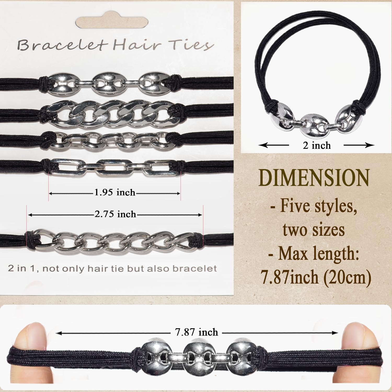 Loqpol Gold Bracelet Hair Ties – 5PCS 2-in-1 Elastic Scrunchies with Metal Beads (No-Damage Ponytail Holders) – Gift Set for Women & Girls (Black & Silver)