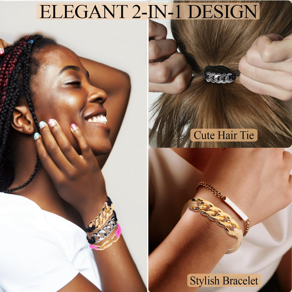 Loqpol Gold Bracelet Hair Ties – 5PCS 2-in-1 Elastic Scrunchies with Metal Beads (No-Damage Ponytail Holders) – Gift Set for Women & Girls (Black & Silver)