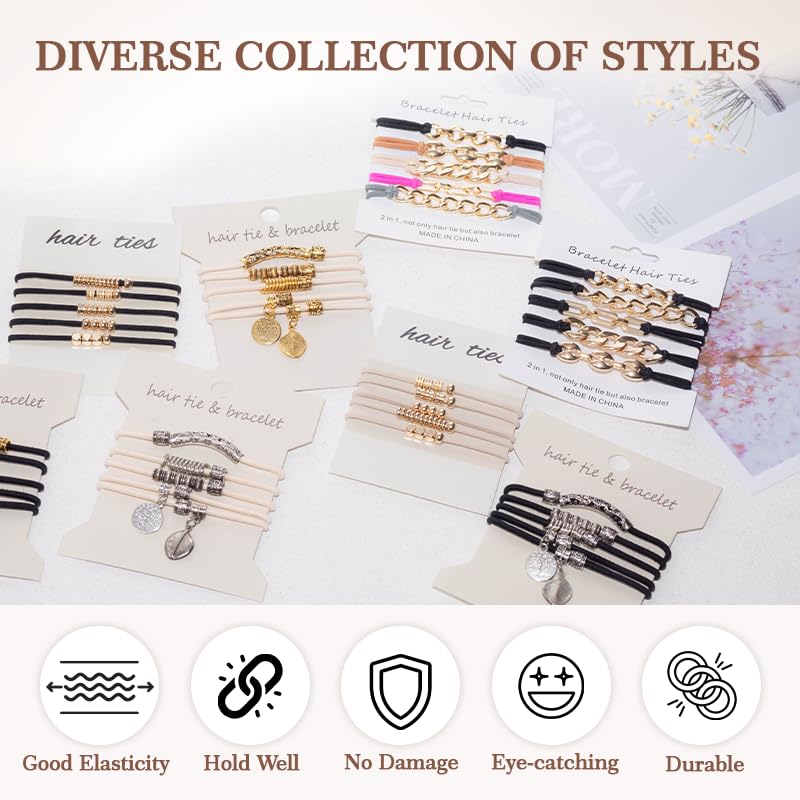 Loqpol 5PCS Gold & Black Boho Hair Ties Bracelet | 2-in-1 No-Damage Ponytail Holders