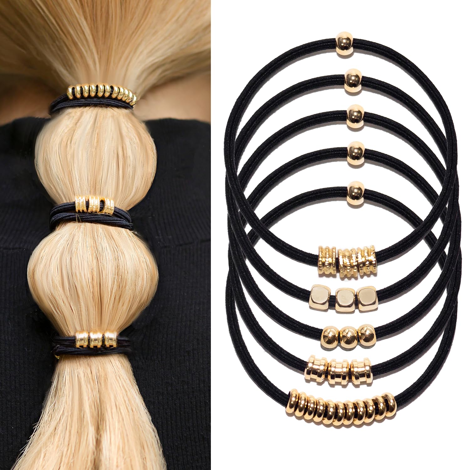 Loqpol 5PCS Gold & Black Boho Hair Ties Bracelet | 2-in-1 No-Damage Ponytail Holders