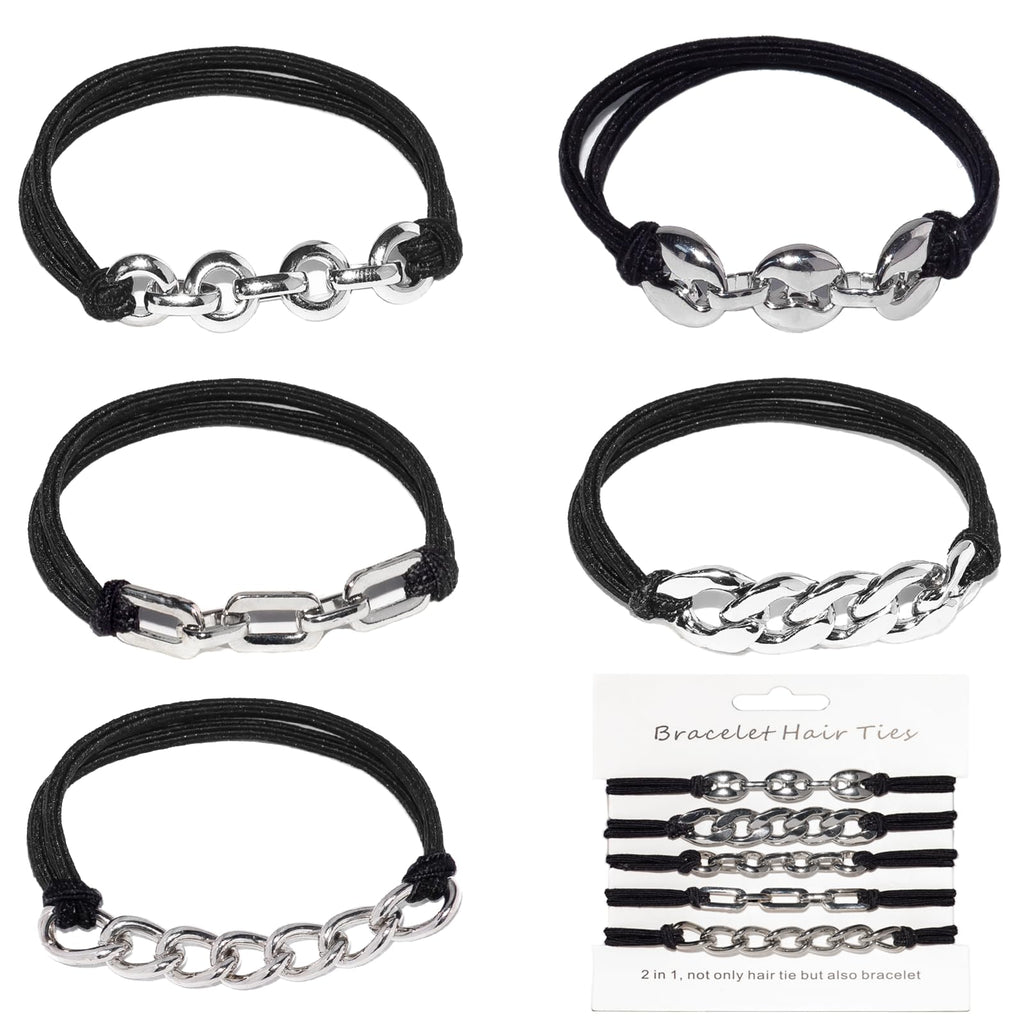 Loqpol Gold Bracelet Hair Ties – 5PCS 2-in-1 Elastic Scrunchies with Metal Beads (No-Damage Ponytail Holders) – Gift Set for Women & Girls (Black & Silver)