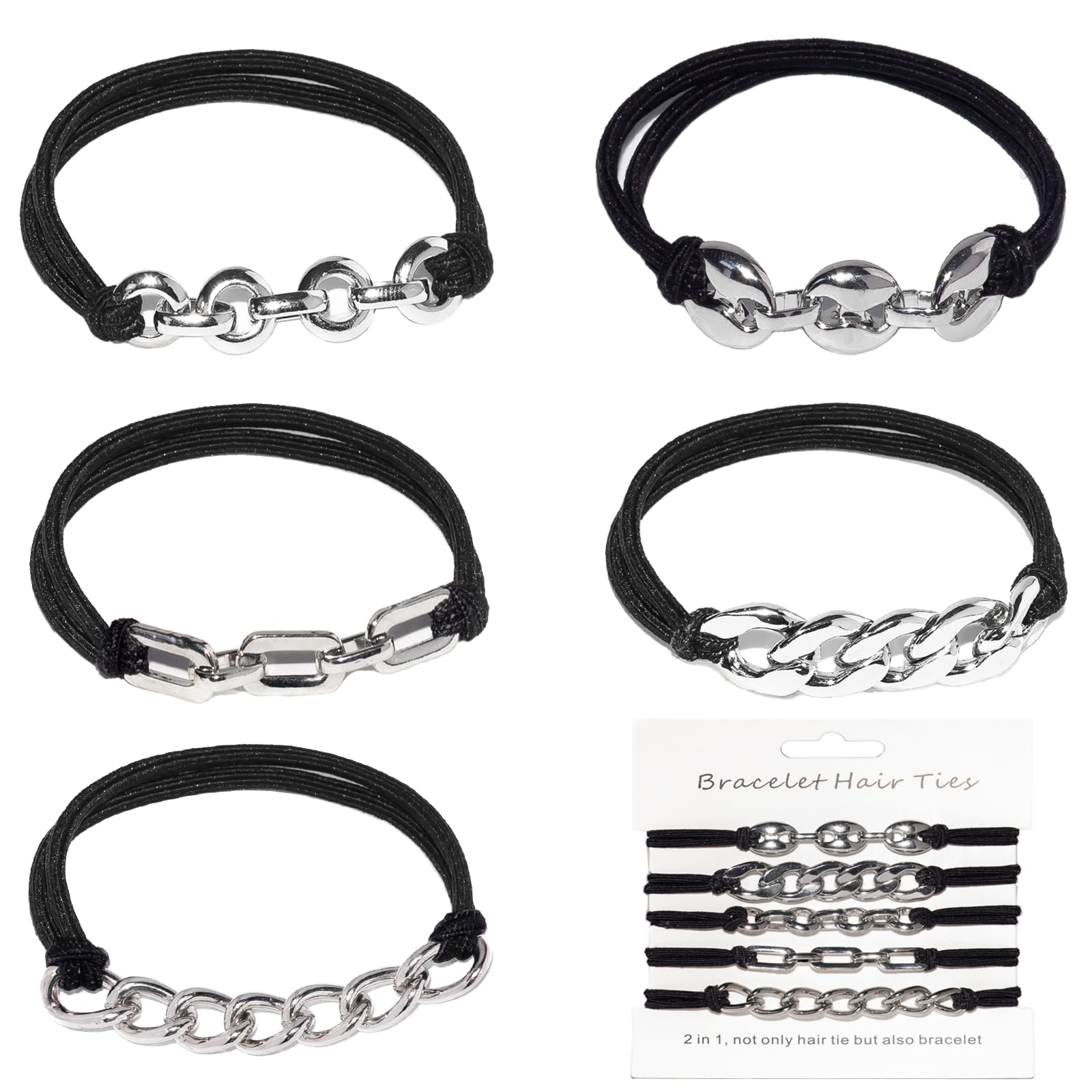 Loqpol Gold Bracelet Hair Ties – 5PCS 2-in-1 Elastic Scrunchies with Metal Beads (No-Damage Ponytail Holders) – Gift Set for Women & Girls (Black & Silver)