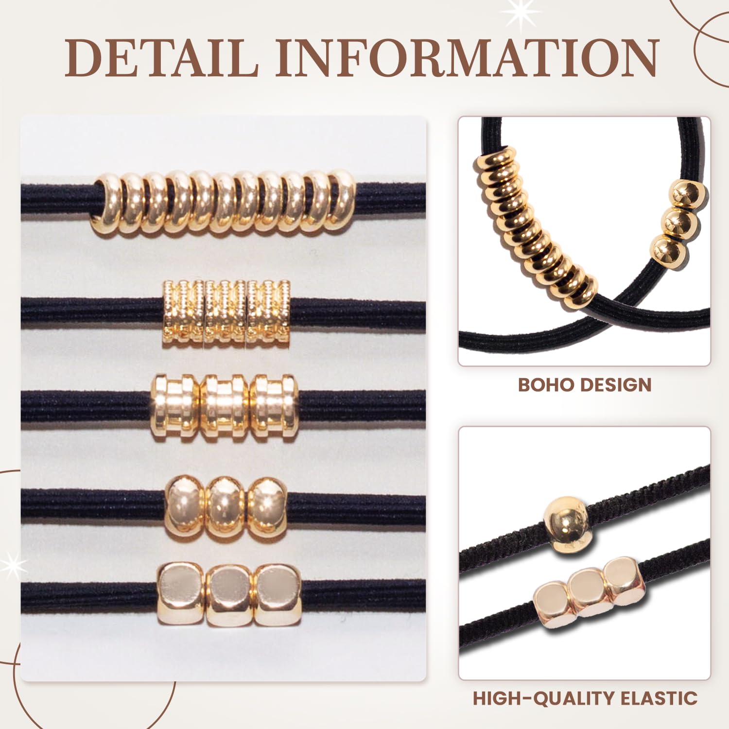 Loqpol 5PCS Gold & Black Boho Hair Ties Bracelet | 2-in-1 No-Damage Ponytail Holders