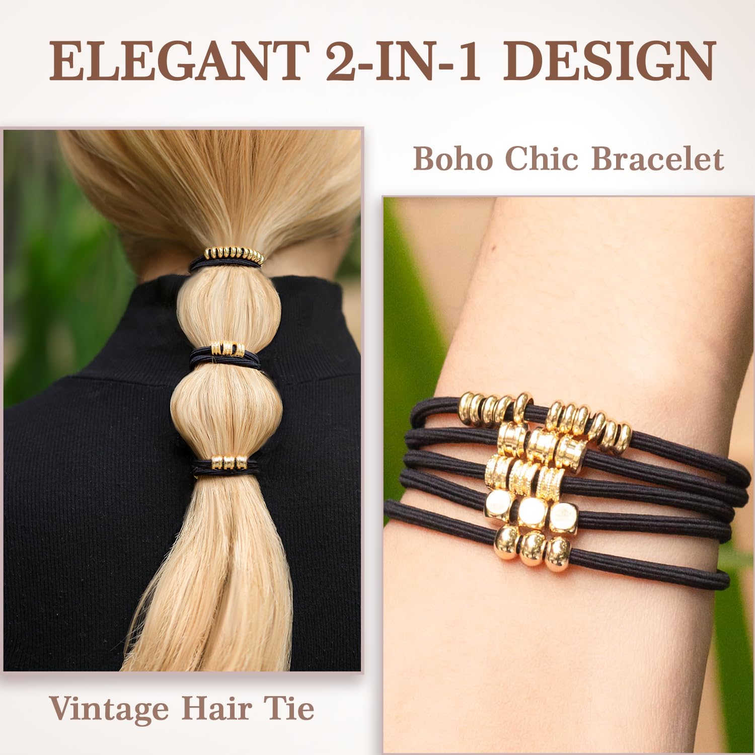 Loqpol 5PCS Gold & Black Boho Hair Ties Bracelet | 2-in-1 No-Damage Ponytail Holders