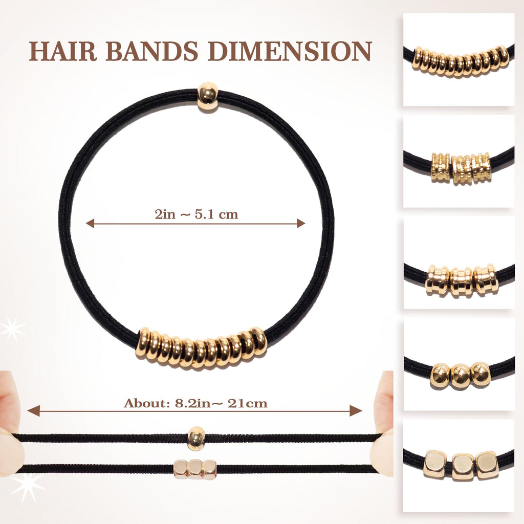 Loqpol 5PCS Gold & Black Boho Hair Ties Bracelet | 2-in-1 No-Damage Ponytail Holders
