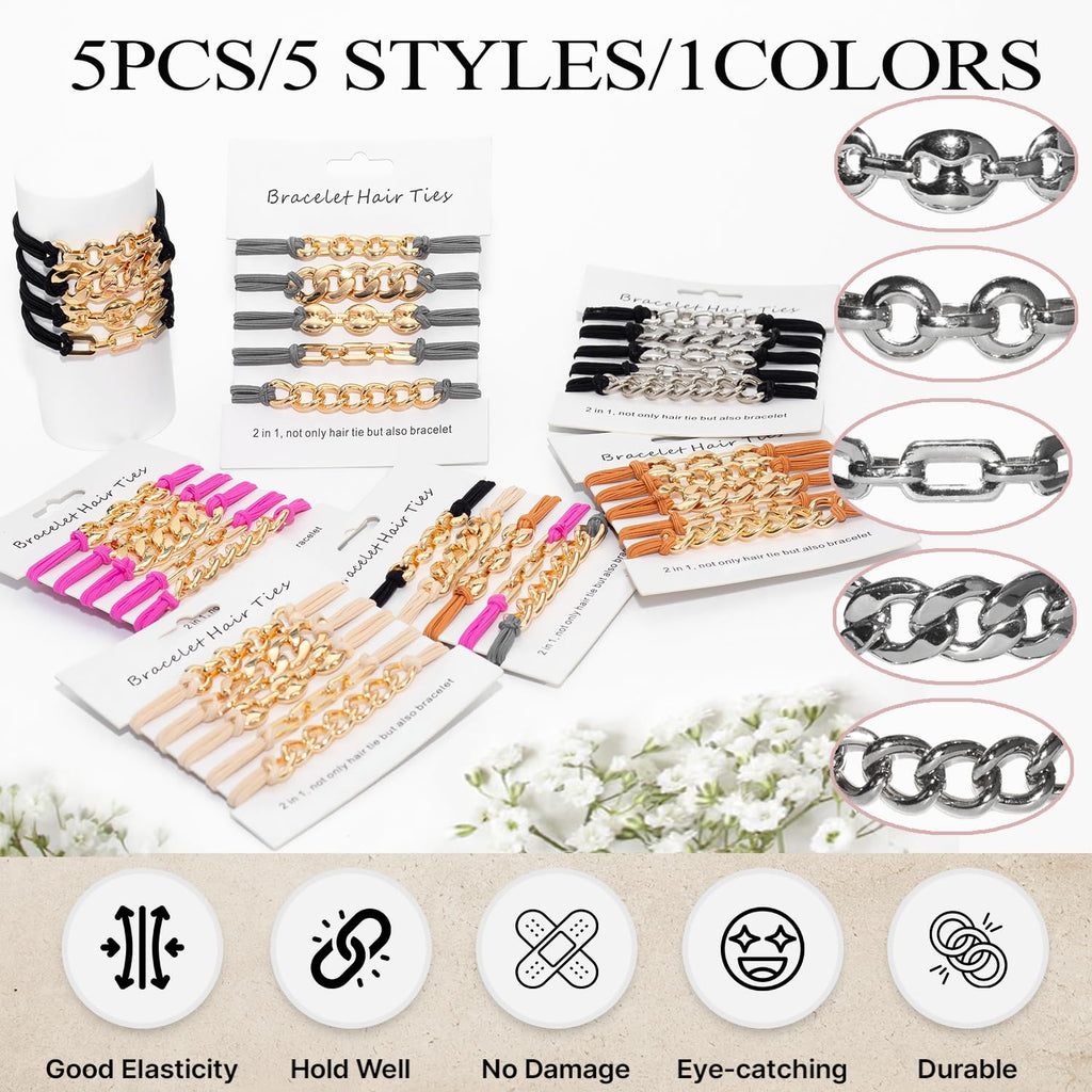 Loqpol Gold Bracelet Hair Ties – 5PCS 2-in-1 Elastic Scrunchies with Metal Beads (No-Damage Ponytail Holders) – Gift Set for Women & Girls (Black & Silver)