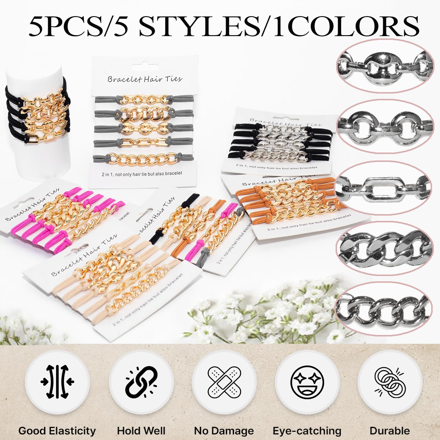 Loqpol Gold Bracelet Hair Ties – 5PCS 2-in-1 Elastic Scrunchies with Metal Beads (No-Damage Ponytail Holders) – Gift Set for Women & Girls (Black & Silver)