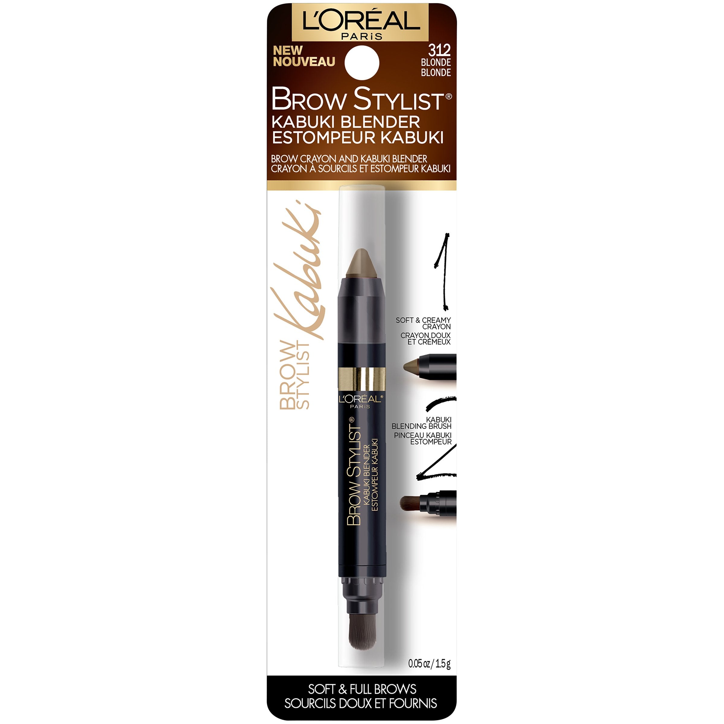 L'Oreal Paris Brow Stylist Kabuki Blender Brow Crayon, Blonde, 0.05 oz