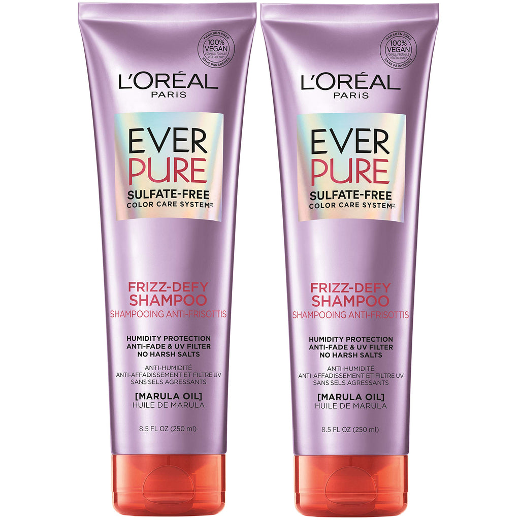 L'Oreal Paris EverPure Frizz-Defy Shampoo with Marula Oil – Sulfate Free, Color-Safe, Humidity Protection (2 Count, 8.5 Fl Oz Each)