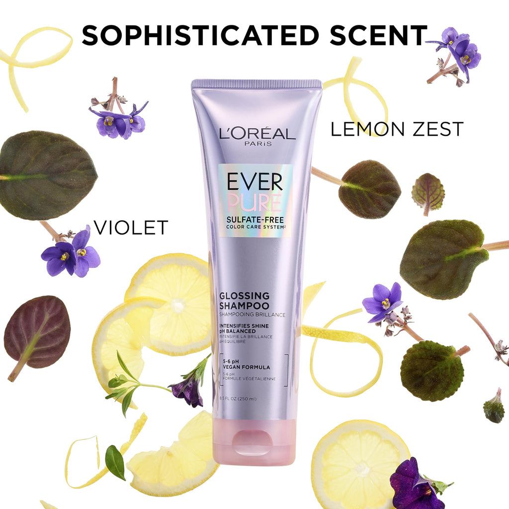 L'Oreal Paris EverPure Glossing Shampoo - Sulfate Free, pH Balanced, Argan Oil Infused, Vegan, 8.5 Fl Oz
