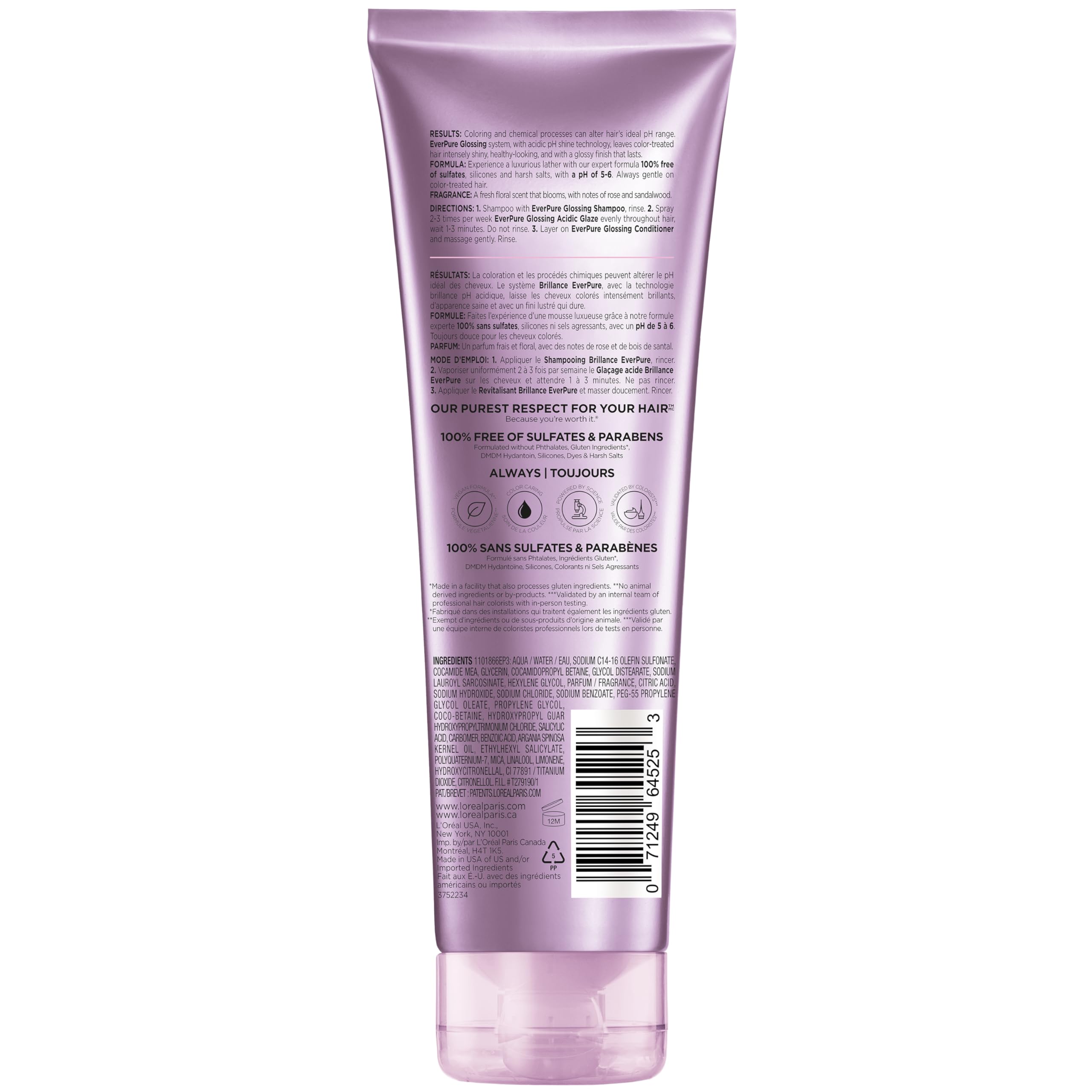 L'Oreal Paris EverPure Glossing Shampoo - Sulfate Free, pH Balanced, Argan Oil Infused, Vegan, 8.5 Fl Oz