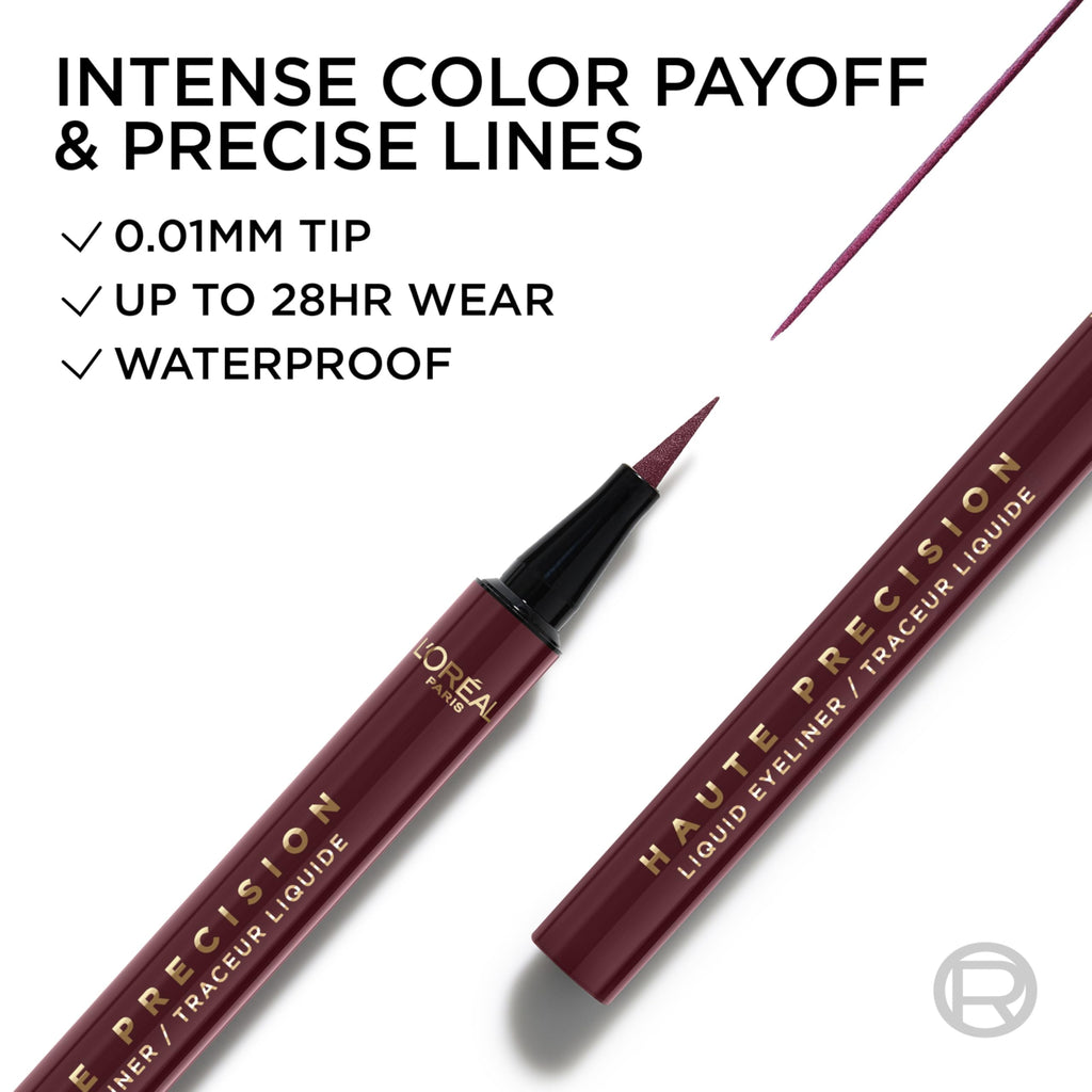 L'Oreal Paris Haute Precision Waterproof Liquid Eyeliner – 0.01mm Micro-Tip, 28HR Wear, Burgundy Cashmere
