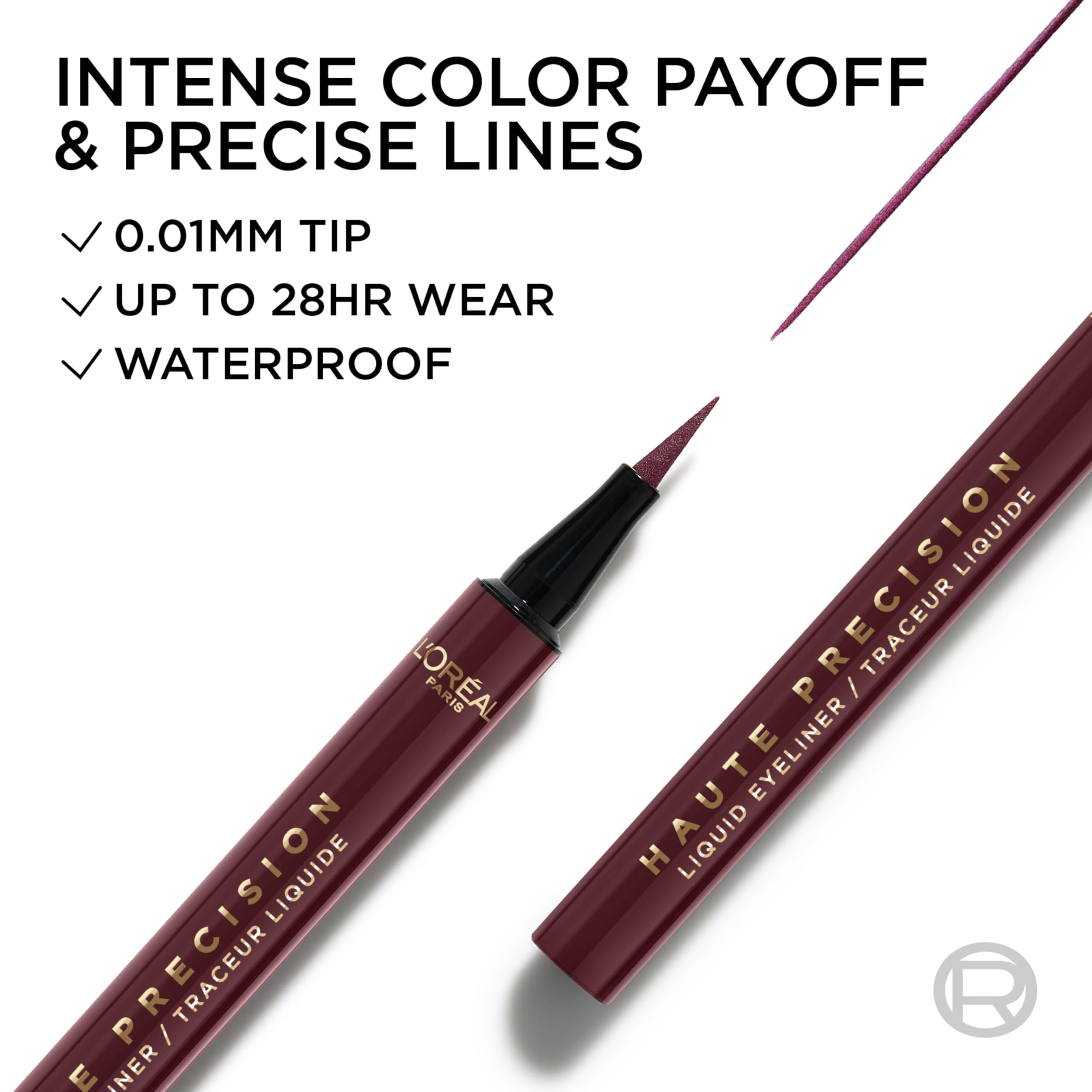L'Oreal Paris Haute Precision Waterproof Liquid Eyeliner – 0.01mm Micro-Tip, 28HR Wear, Burgundy Cashmere